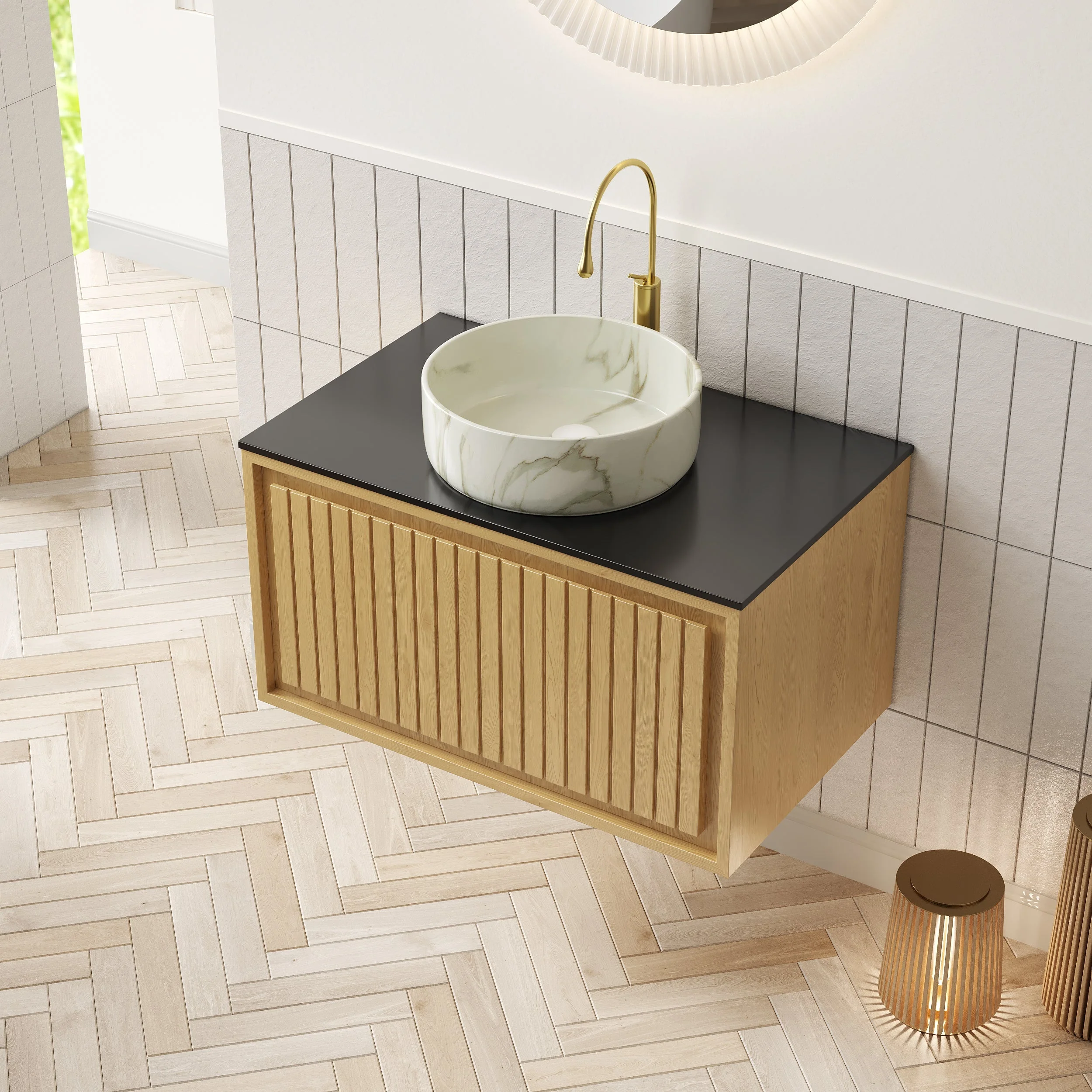 Wall-Hung Bathroom Sink with Sintered Stone Countertop and Ceramic Basin, Corolla Oak Wood Grain - Image 4