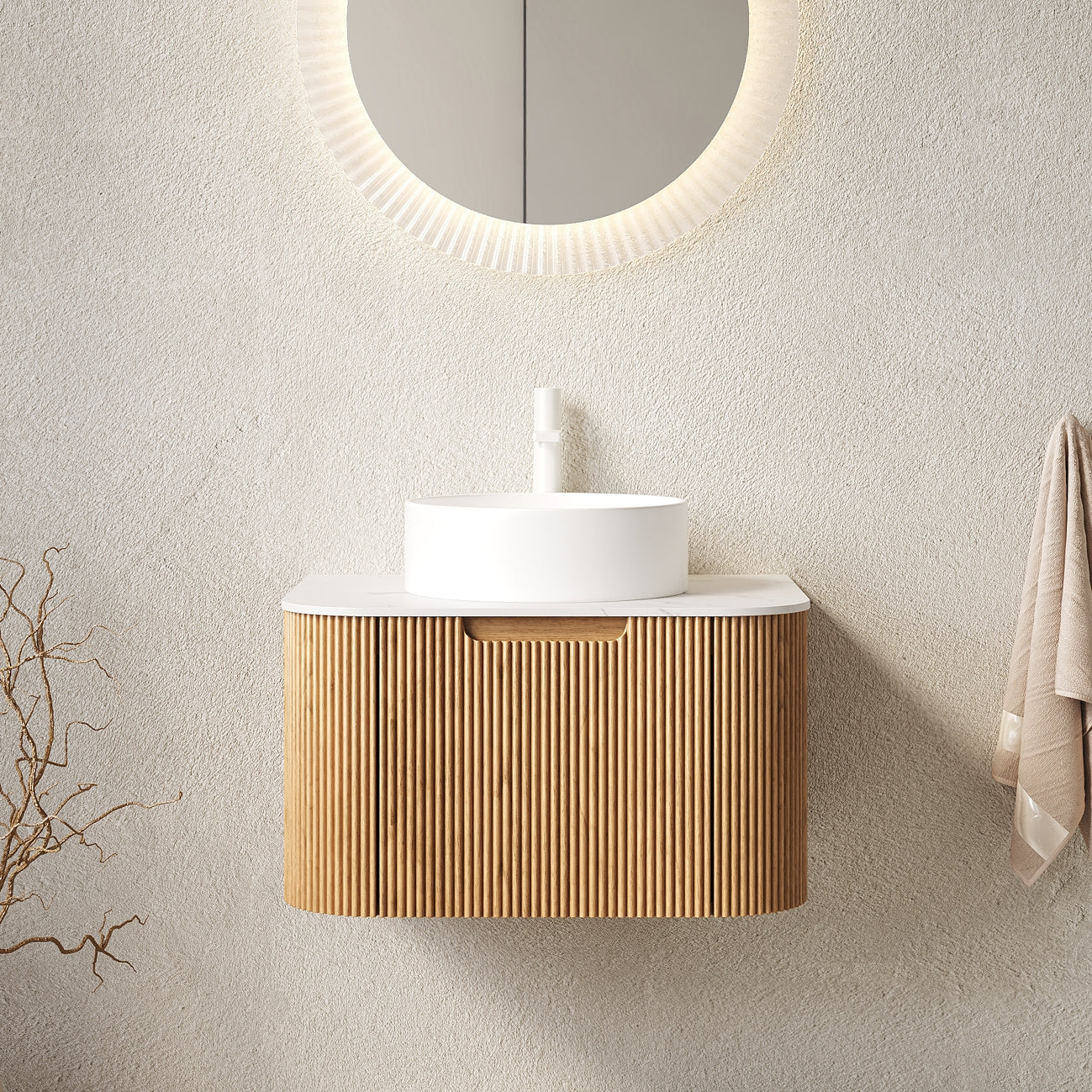 Wall-Hung Bathroom Vanity 61cm Ceramic Sink Carrara Countertop Drawer - Natural Wood Grain