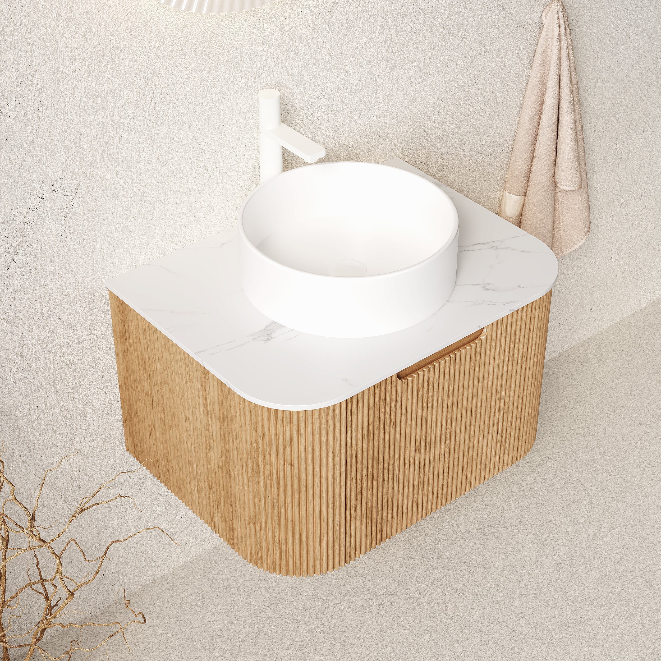 Wall-Hung Bathroom Vanity 61cm Ceramic Sink Carrara Countertop Drawer - Natural Wood Grain - Image 2