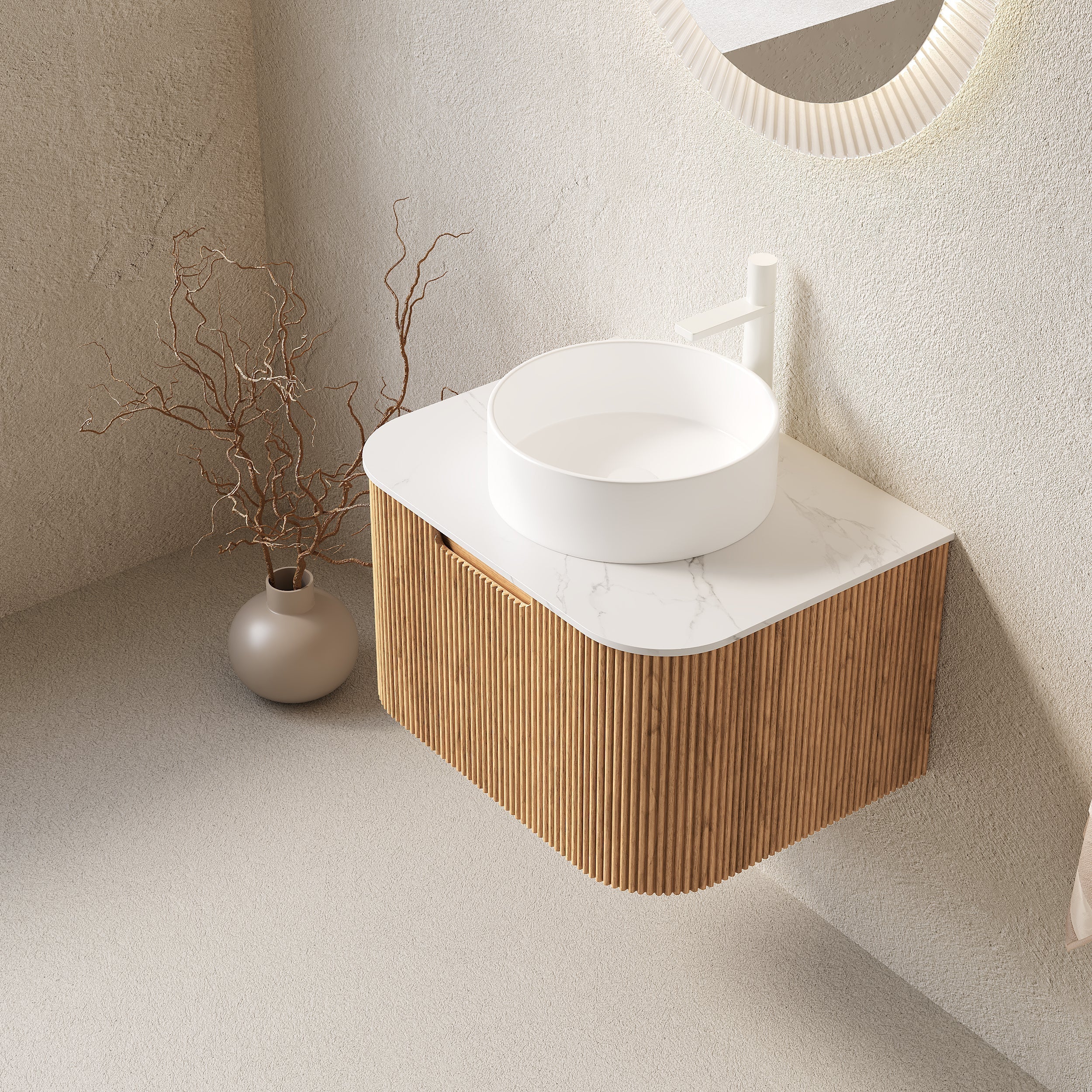 Wall-Hung Bathroom Vanity 61cm Ceramic Sink Carrara Countertop Drawer - Natural Wood Grain - Image 3