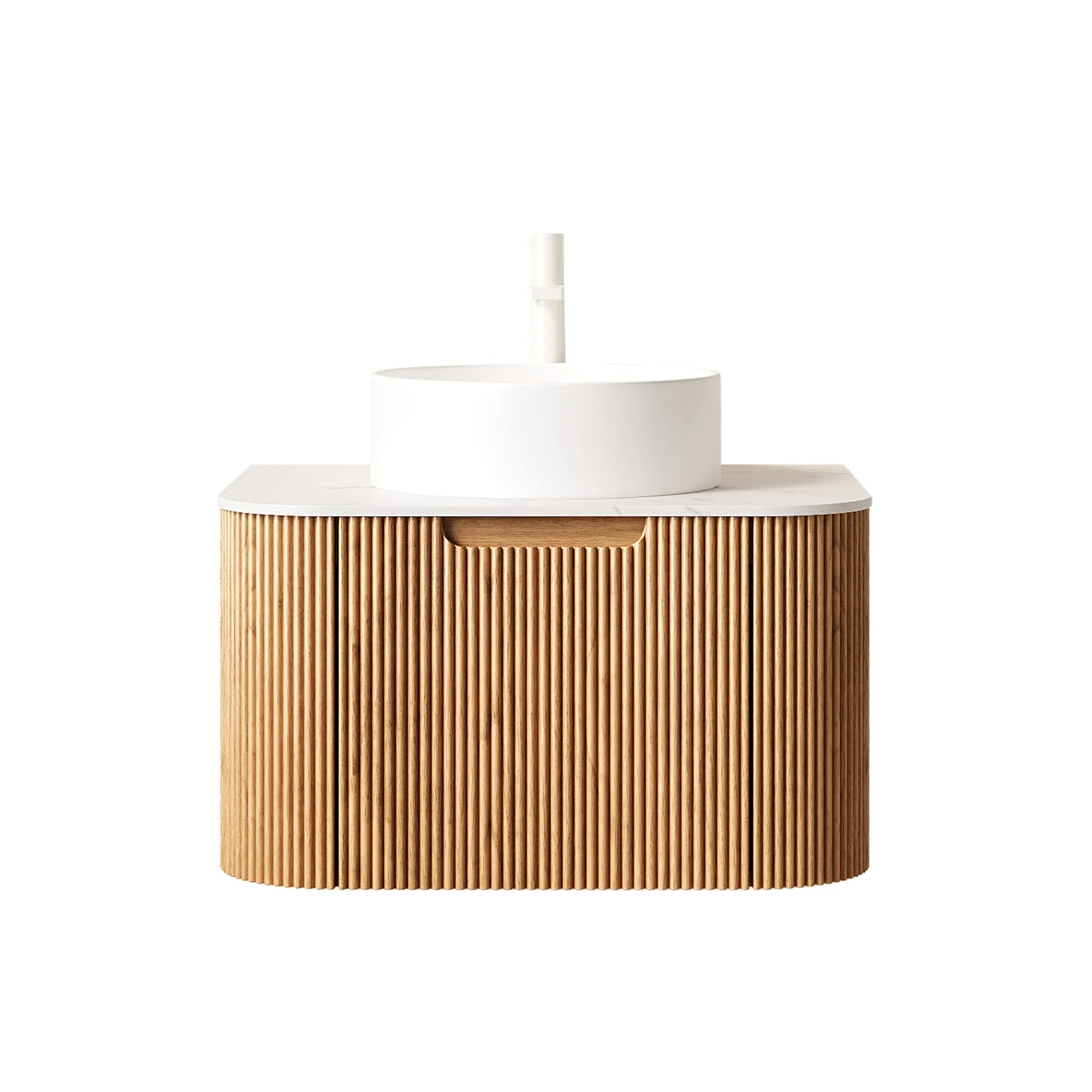 Wall-Hung Bathroom Vanity 61cm Ceramic Sink Carrara Countertop Drawer - Natural Wood Grain - Image 4