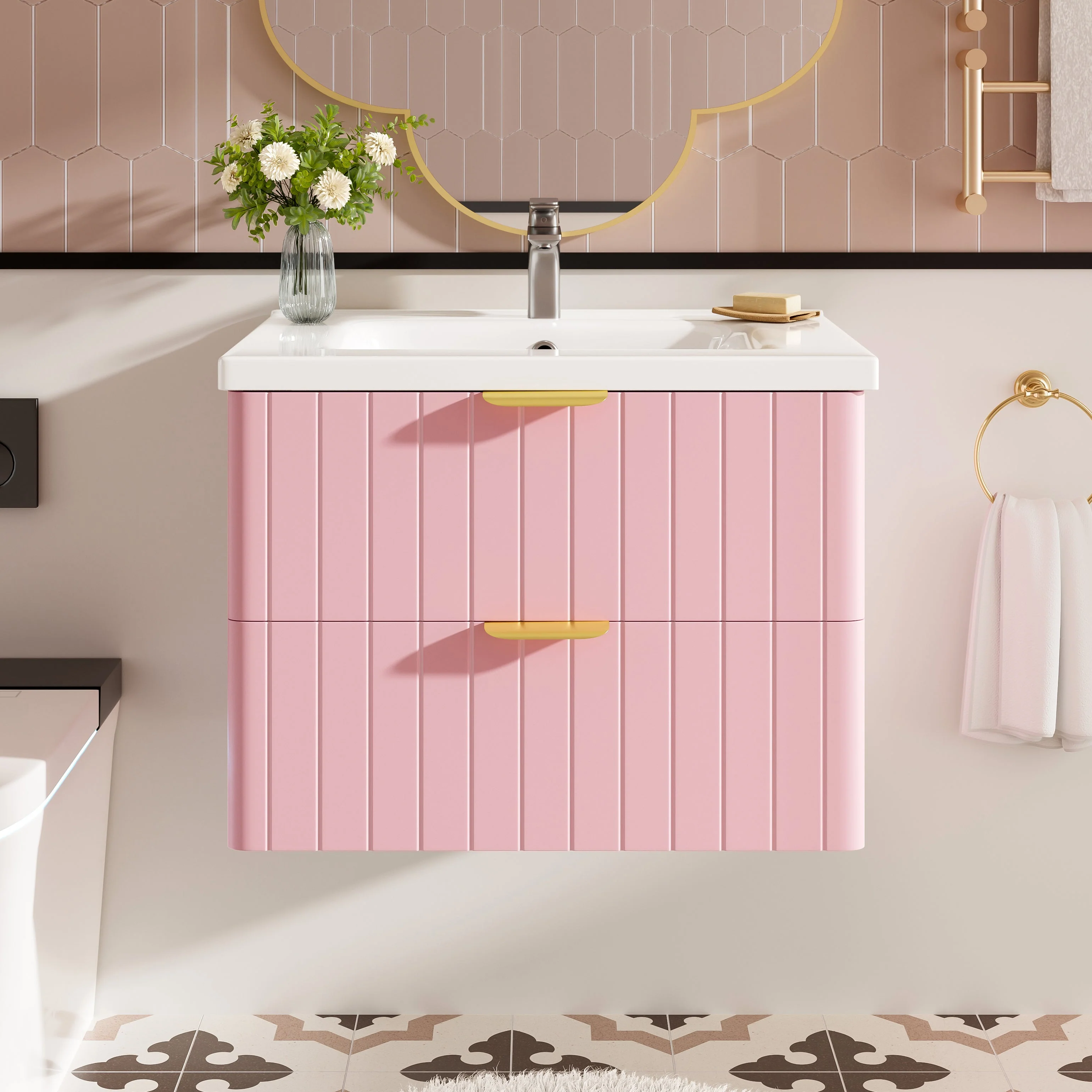 Wall-Hung Vanity Unit with Ceramic Sink and Double Storage, Pink - Image 3