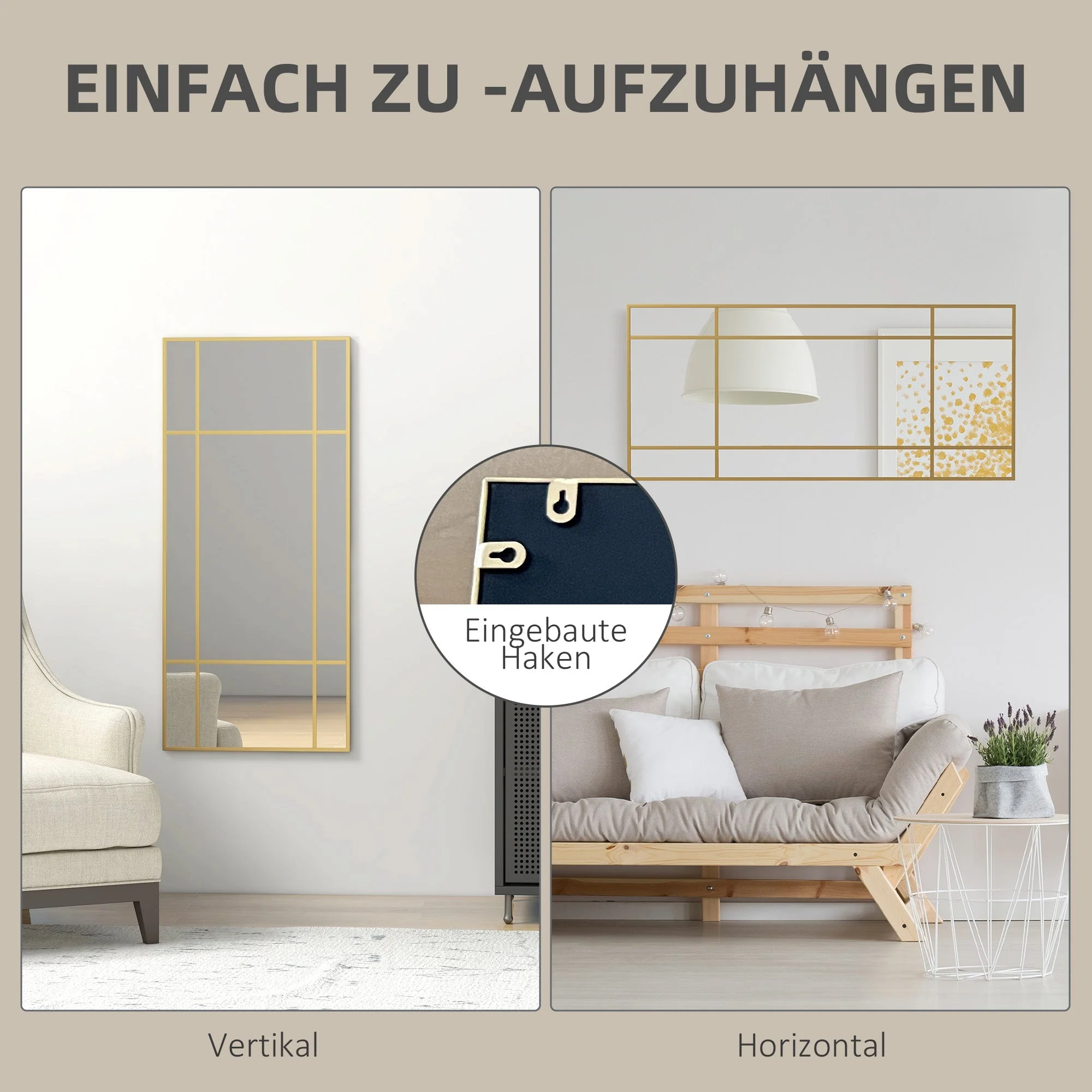 Wall Mirror 110 x 50 cm Decorative Rectangular Metal Frame, Gold - Image 5