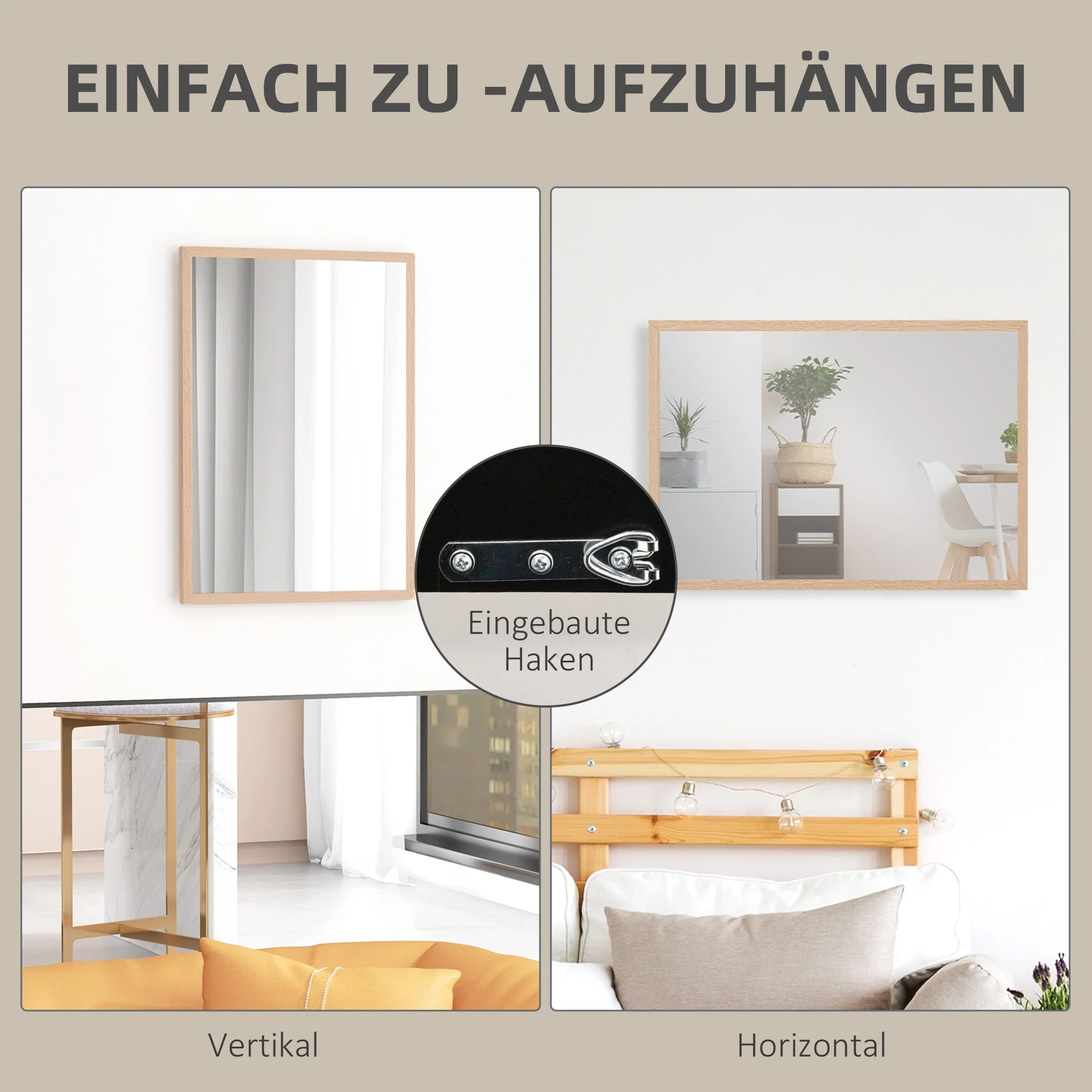 Wall Mirror, 50x70cm Decorative with 4 Hooks, Rectangular - Image 5