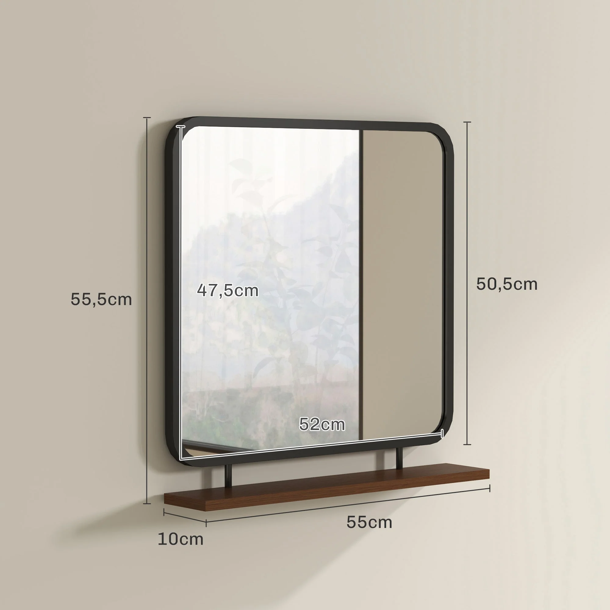 Wall Mirror with Wooden Shelf, Rectangular, Black - Image 3