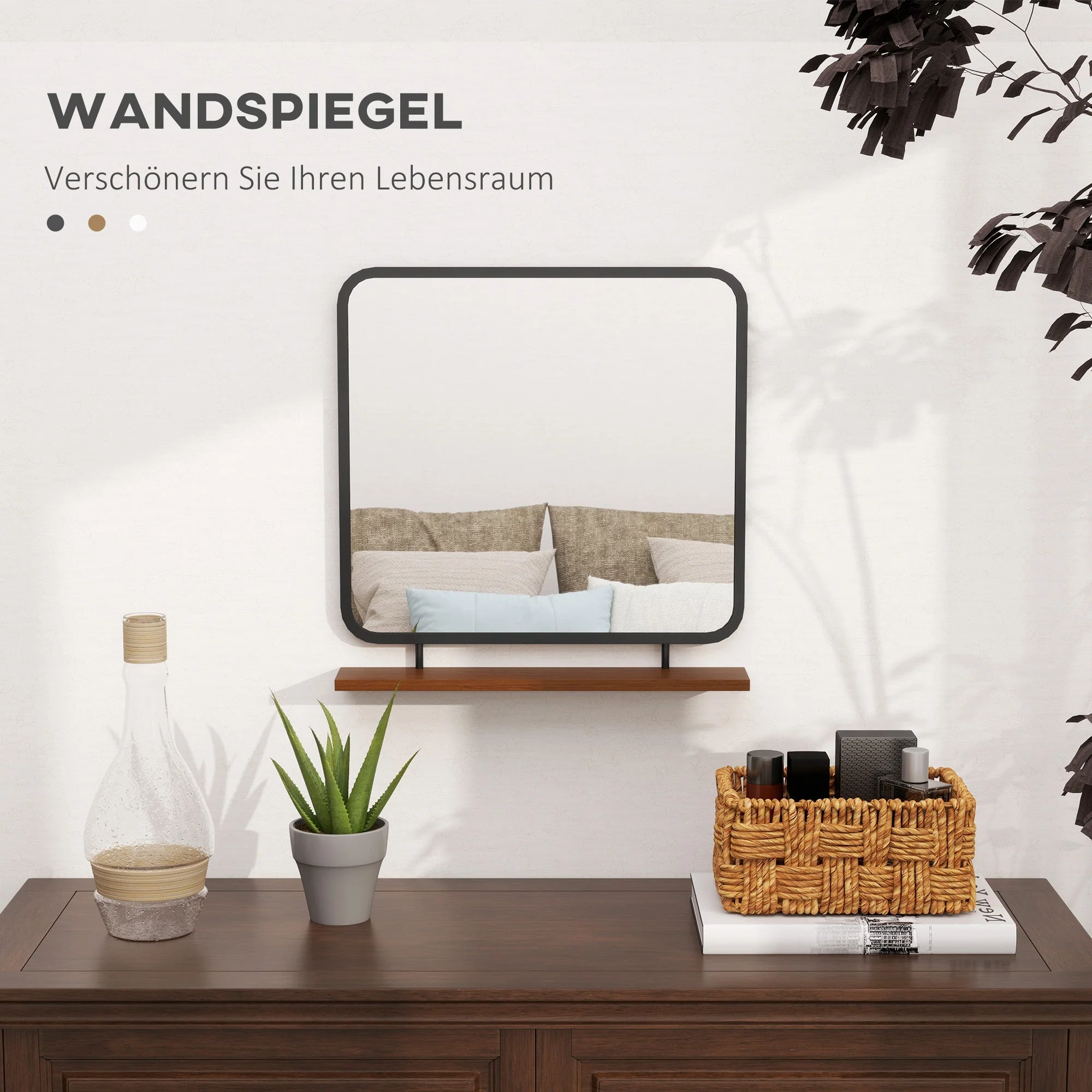 Wall Mirror with Wooden Shelf, Rectangular, Black - Image 4