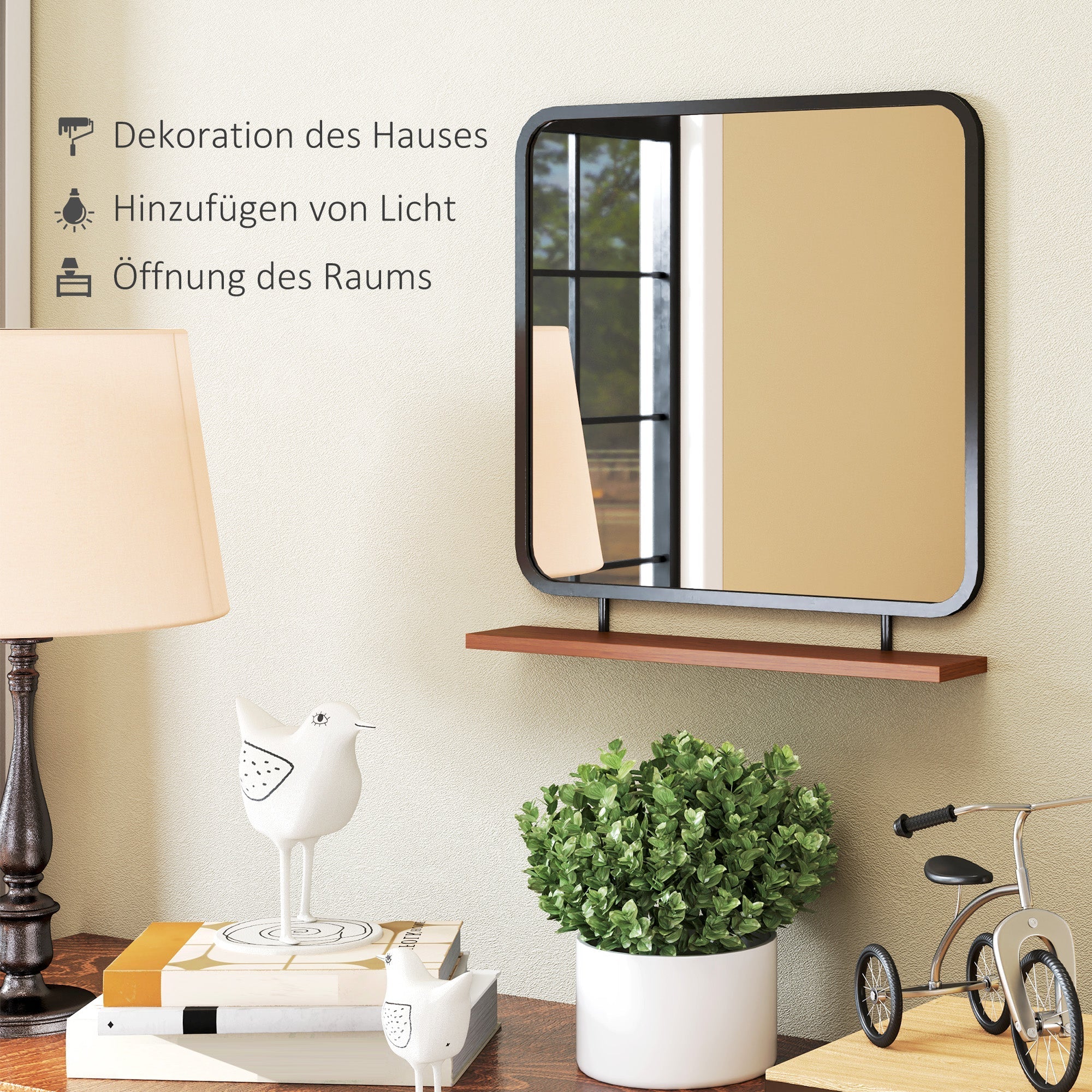 Wall Mirror with Wooden Shelf, Rectangular, Black - Image 5