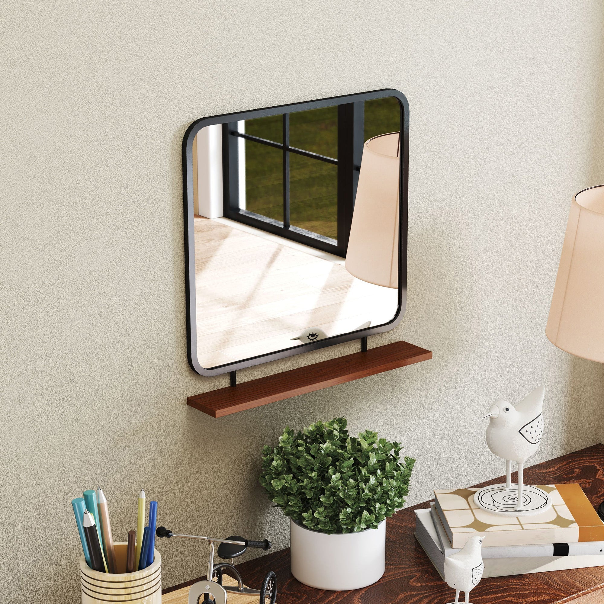 Wall Mirror with Wooden Shelf, Rectangular, Black - Image 7