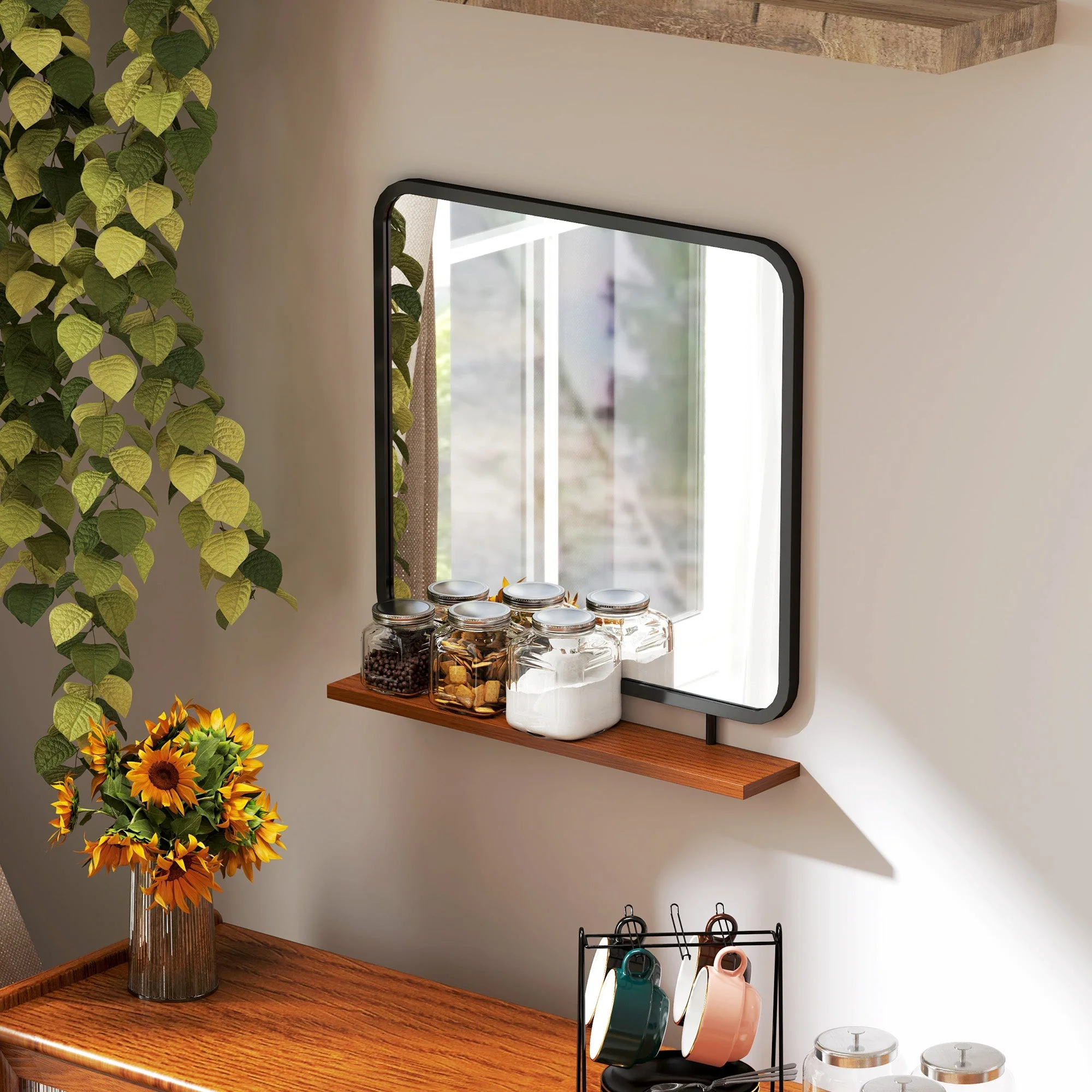Wall Mirror with Wooden Shelf, Rectangular, Black - Image 8