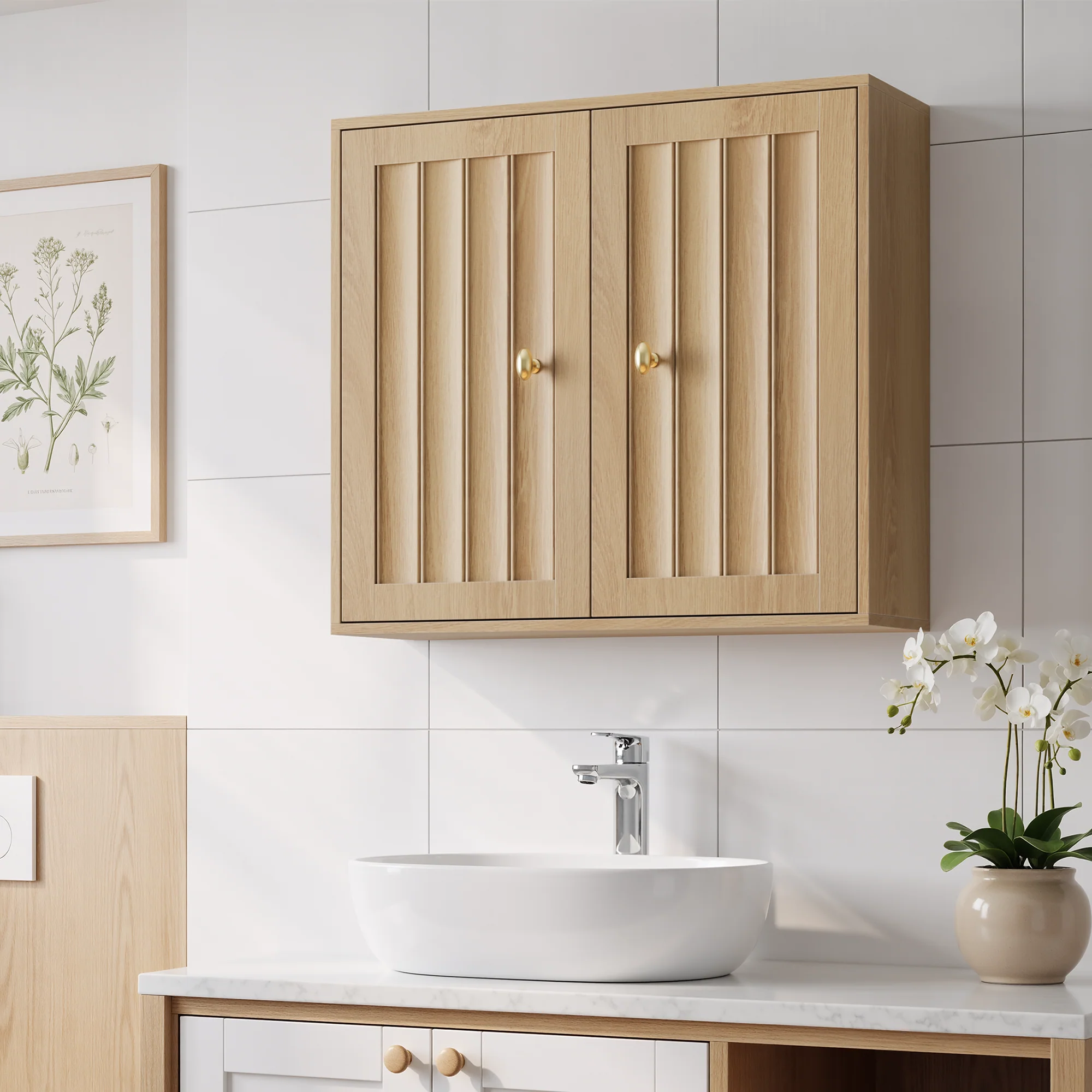 Wall-Mounted Bathroom Cabinet, Two-Door Medicine Cabinet with Vertical Groove Design, Oak - Image 3