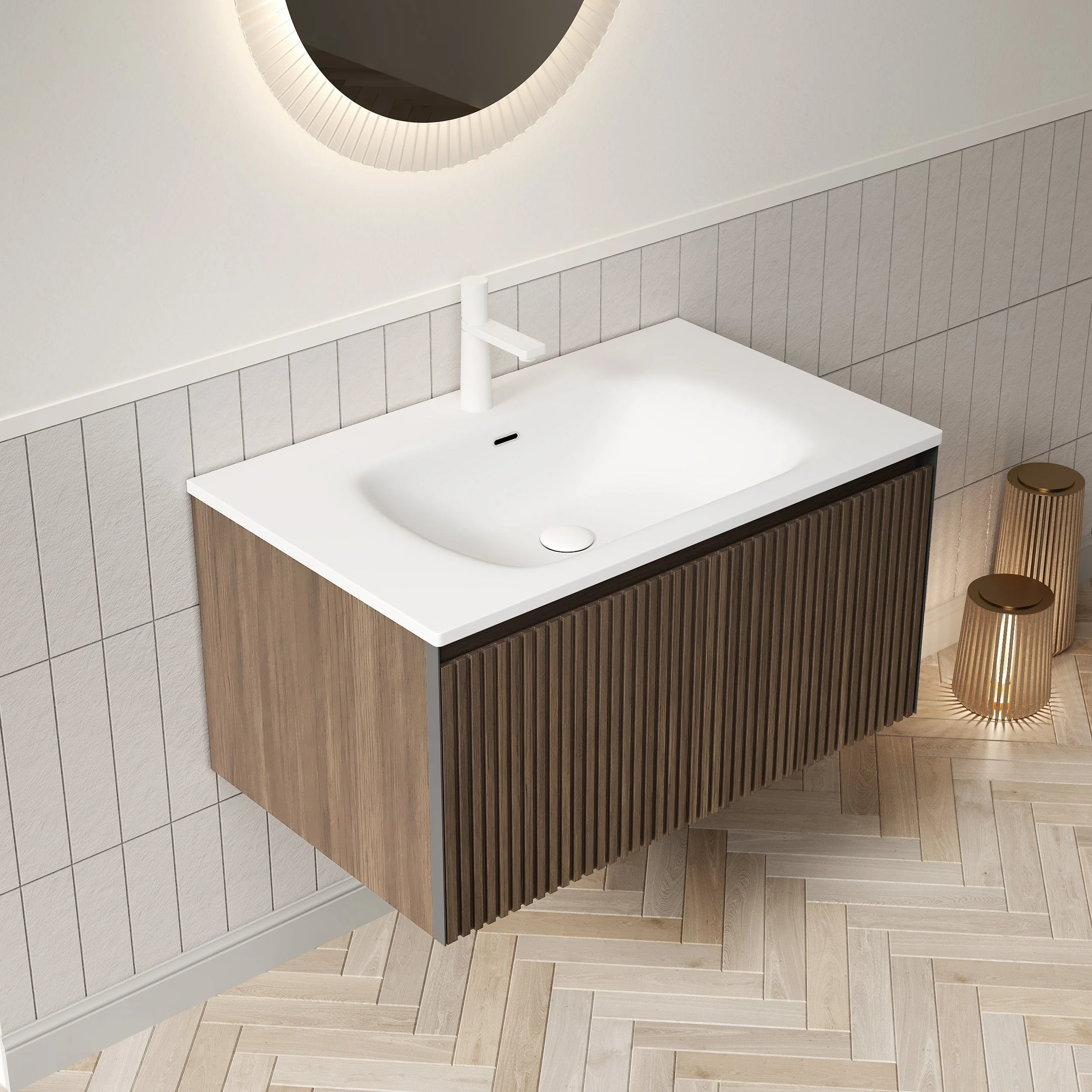 Wall-mounted Bathroom Vanity Unit with Artificial Stone Sink and Drawer, Brown Oak Grain Plywood - Image 5