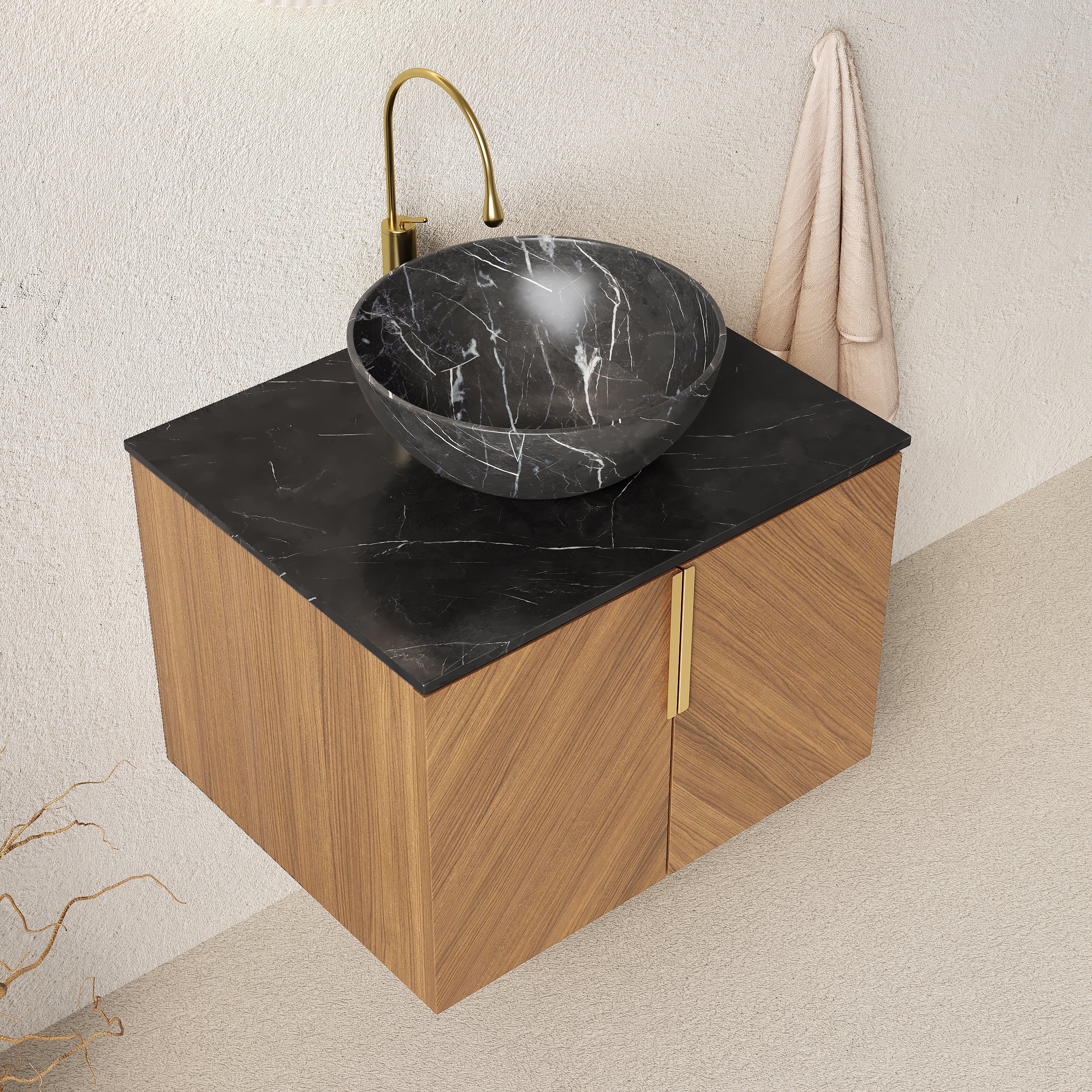 Wall-Mounted Bathroom Vanity Unit with Ceramic Bowl and Sintered Stone Countertop, Espresso Wood Grain - Image 2
