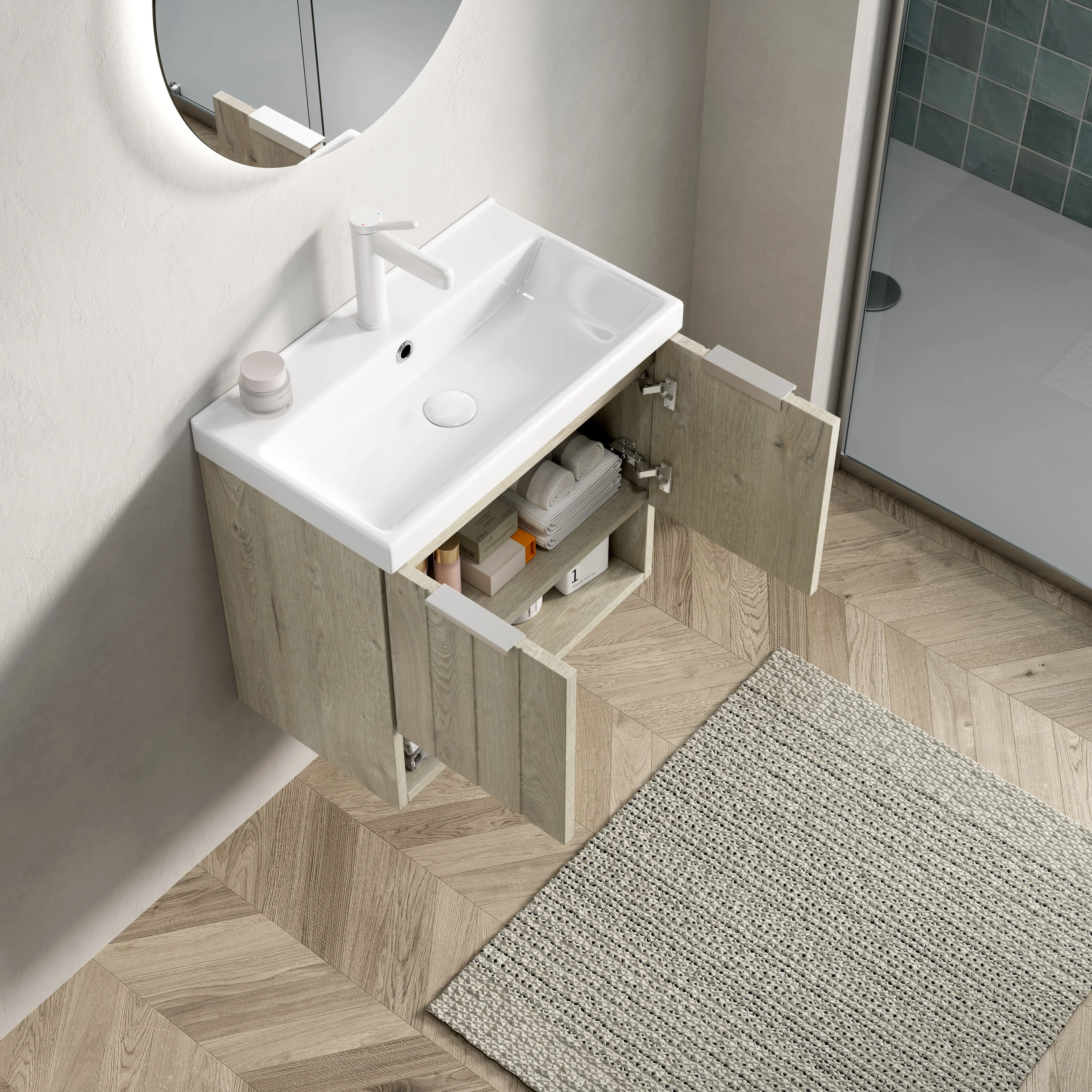 Wall-mounted Bathroom Vanity Unit with Ceramic Sink and Open Shelf, 55cm, Oak Cream - Image 4