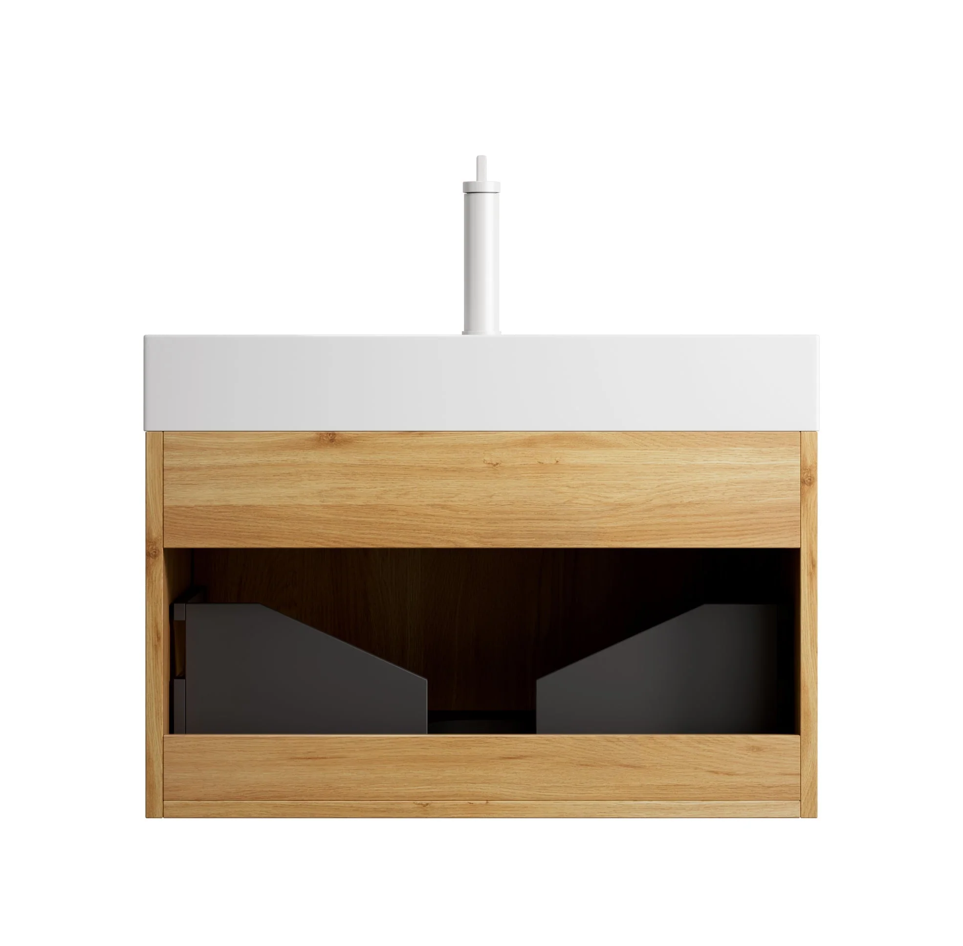 Wall-Mounted Bathroom Vanity Unit with Integrated Basin and Single Drawer, Natural Wood Grain Plywood - Image 10