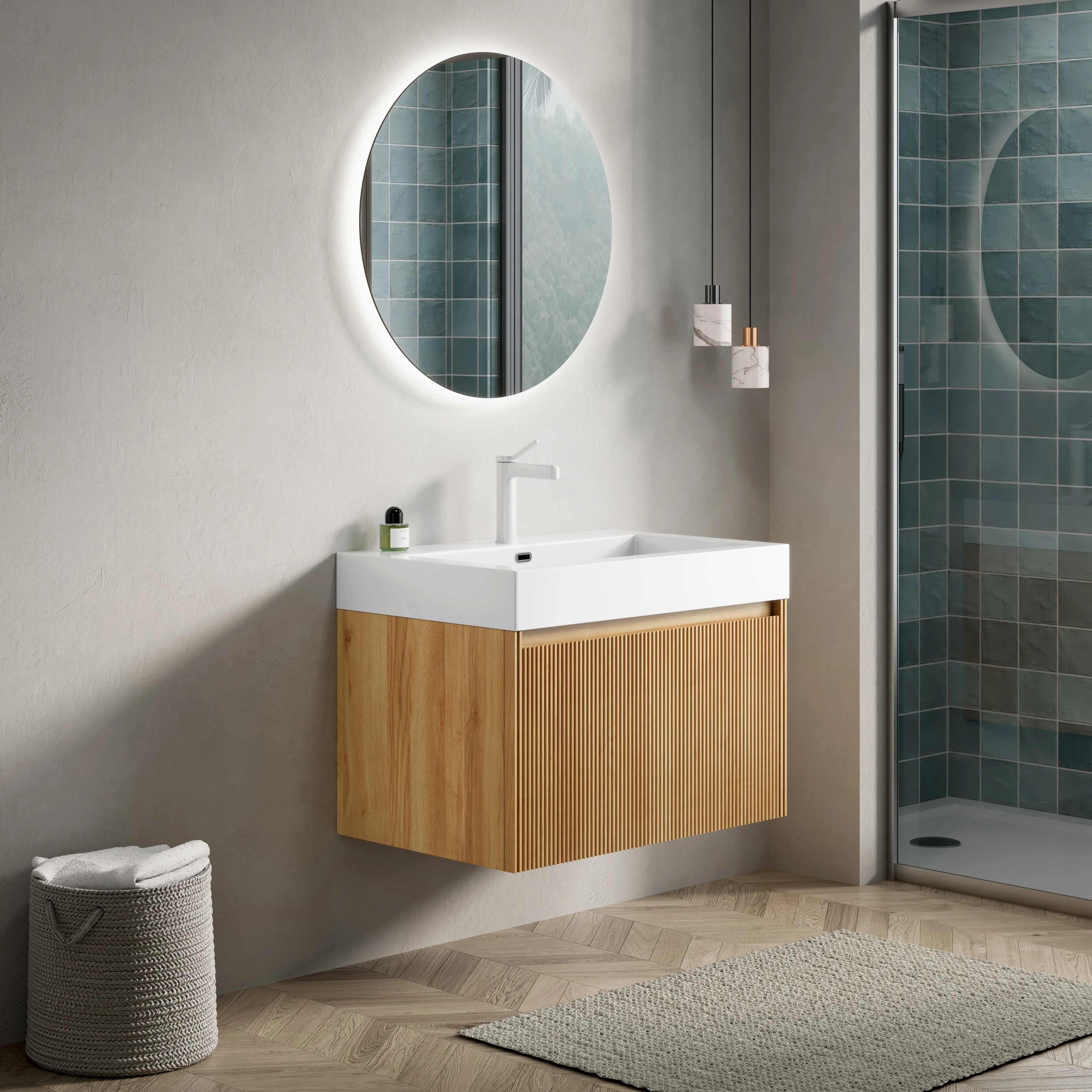 Wall-Mounted Bathroom Vanity Unit with Integrated Basin and Single Drawer, Natural Wood Grain Plywood - Image 2