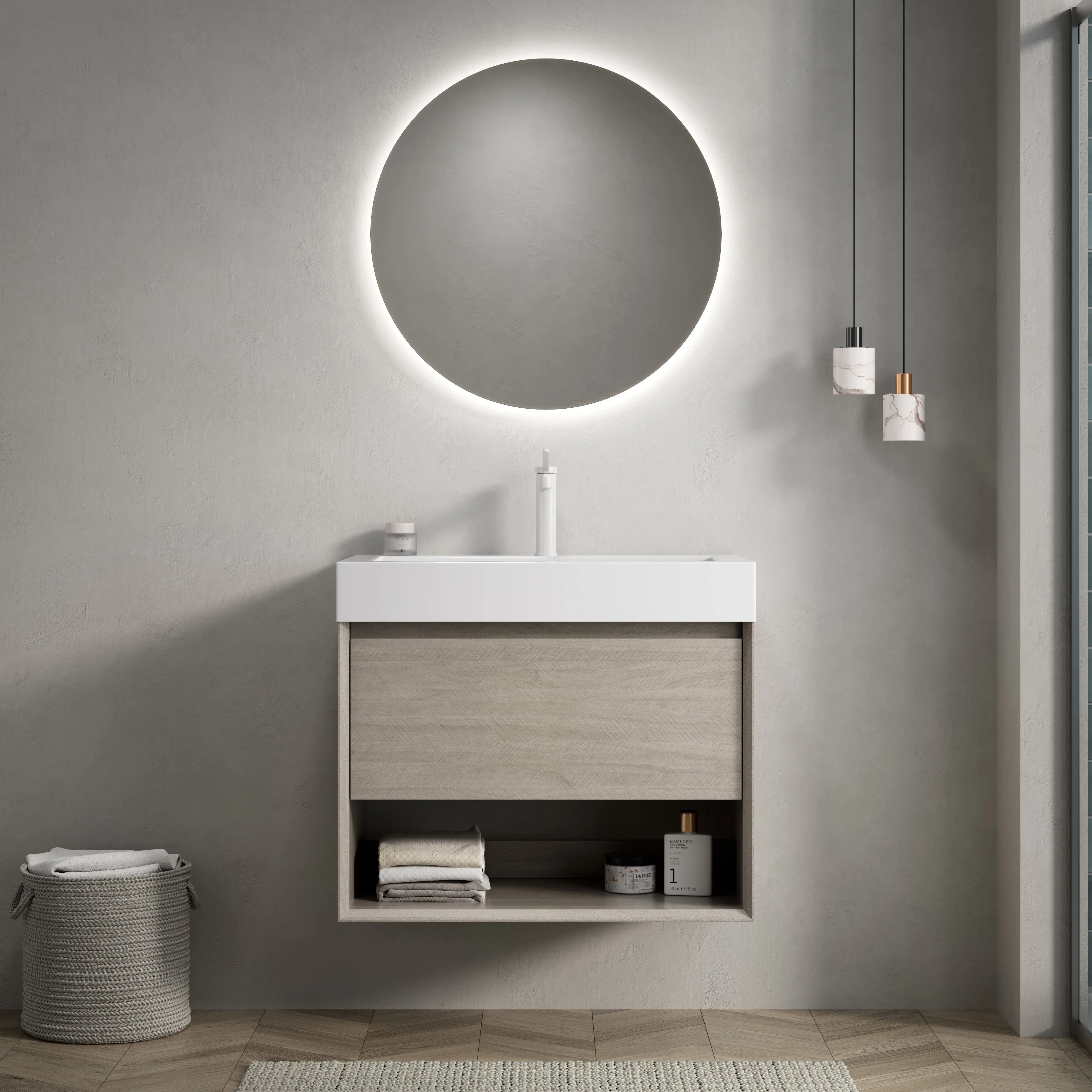 Wall-Mounted Bathroom Vanity Unit with Integrated Resin Basin and Storage, Light Oak wood Grain Color