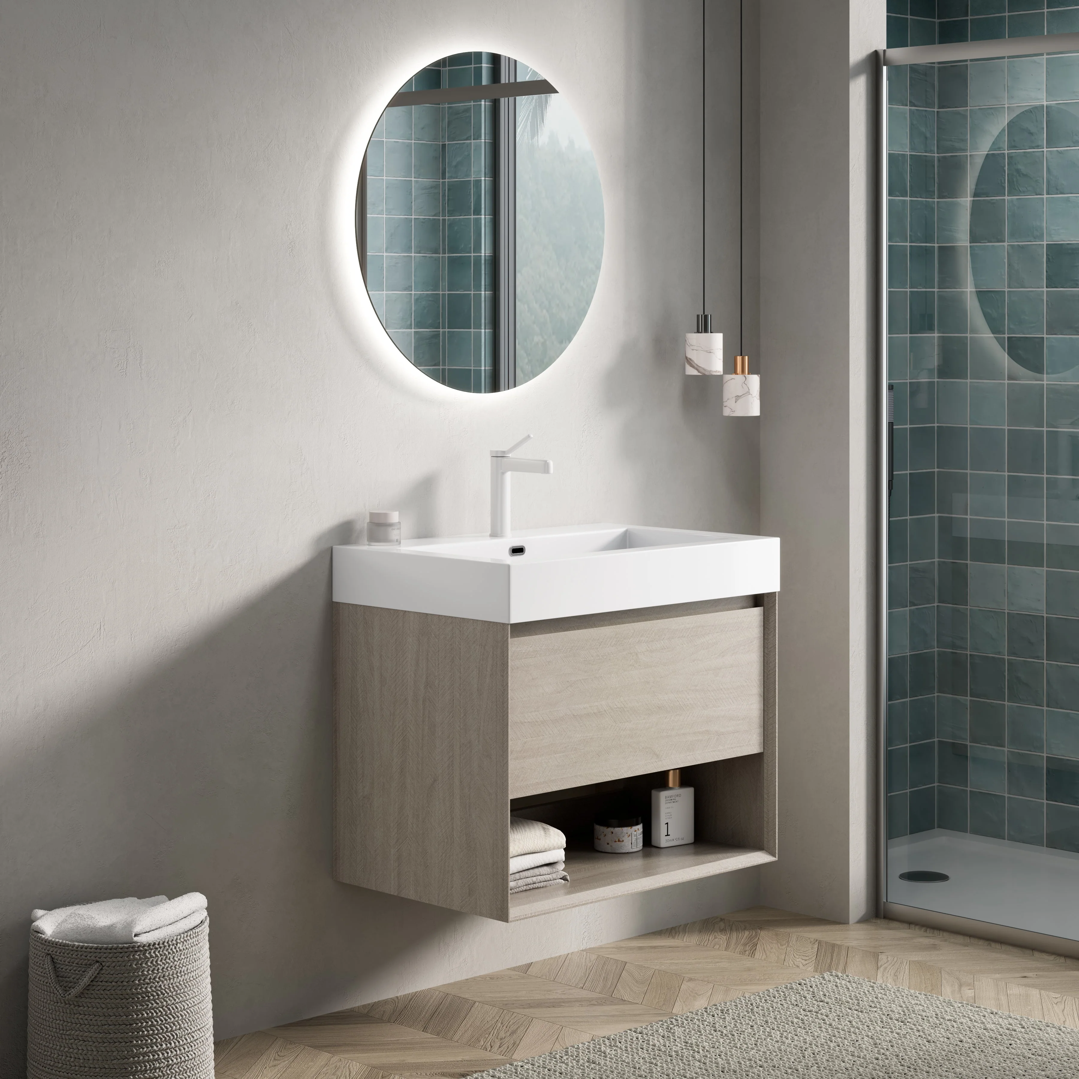 Wall-Mounted Bathroom Vanity Unit with Integrated Resin Basin and Storage, Light Oak wood Grain Color - Image 2