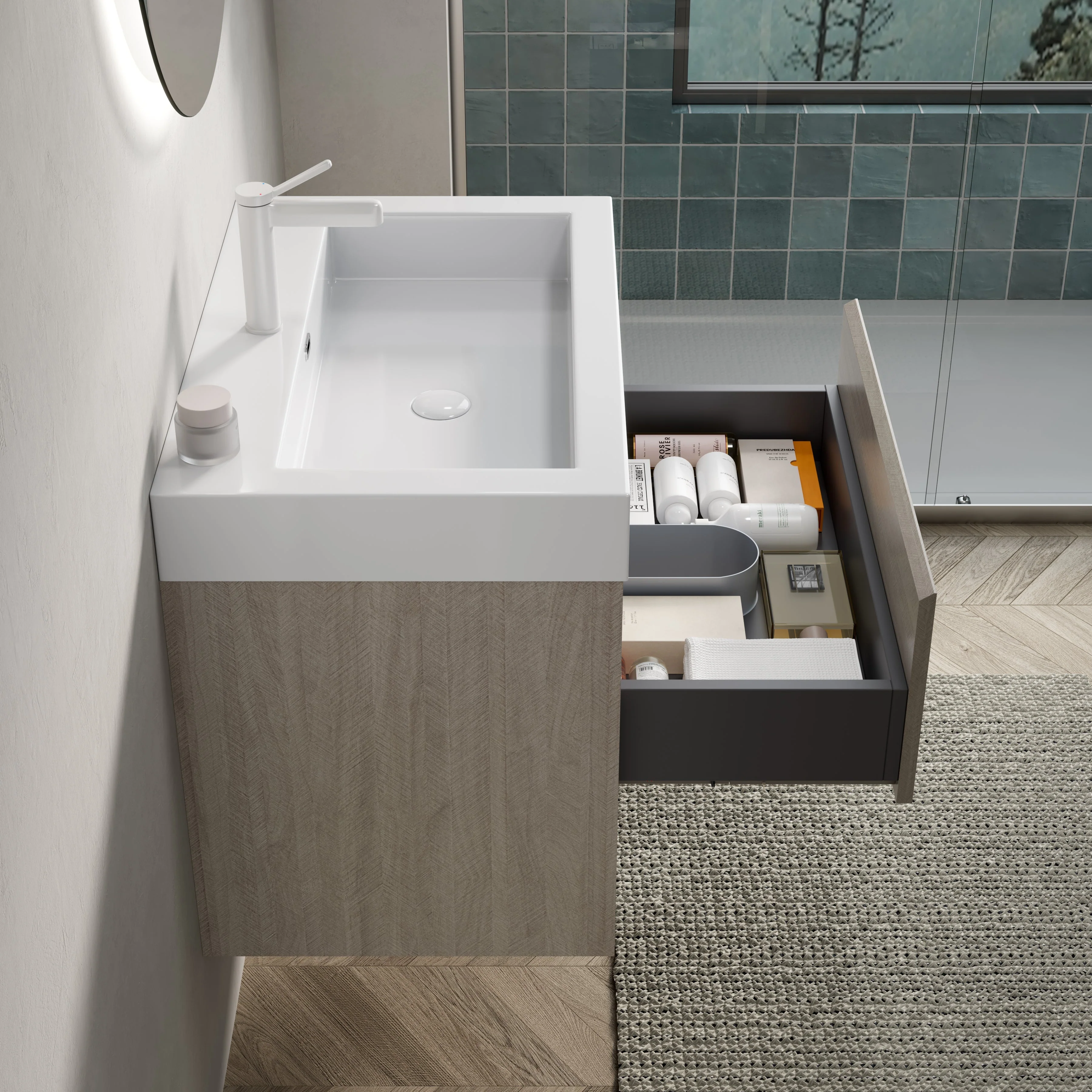 Wall-Mounted Bathroom Vanity Unit with Integrated Resin Basin and Storage, Light Oak wood Grain Color - Image 3