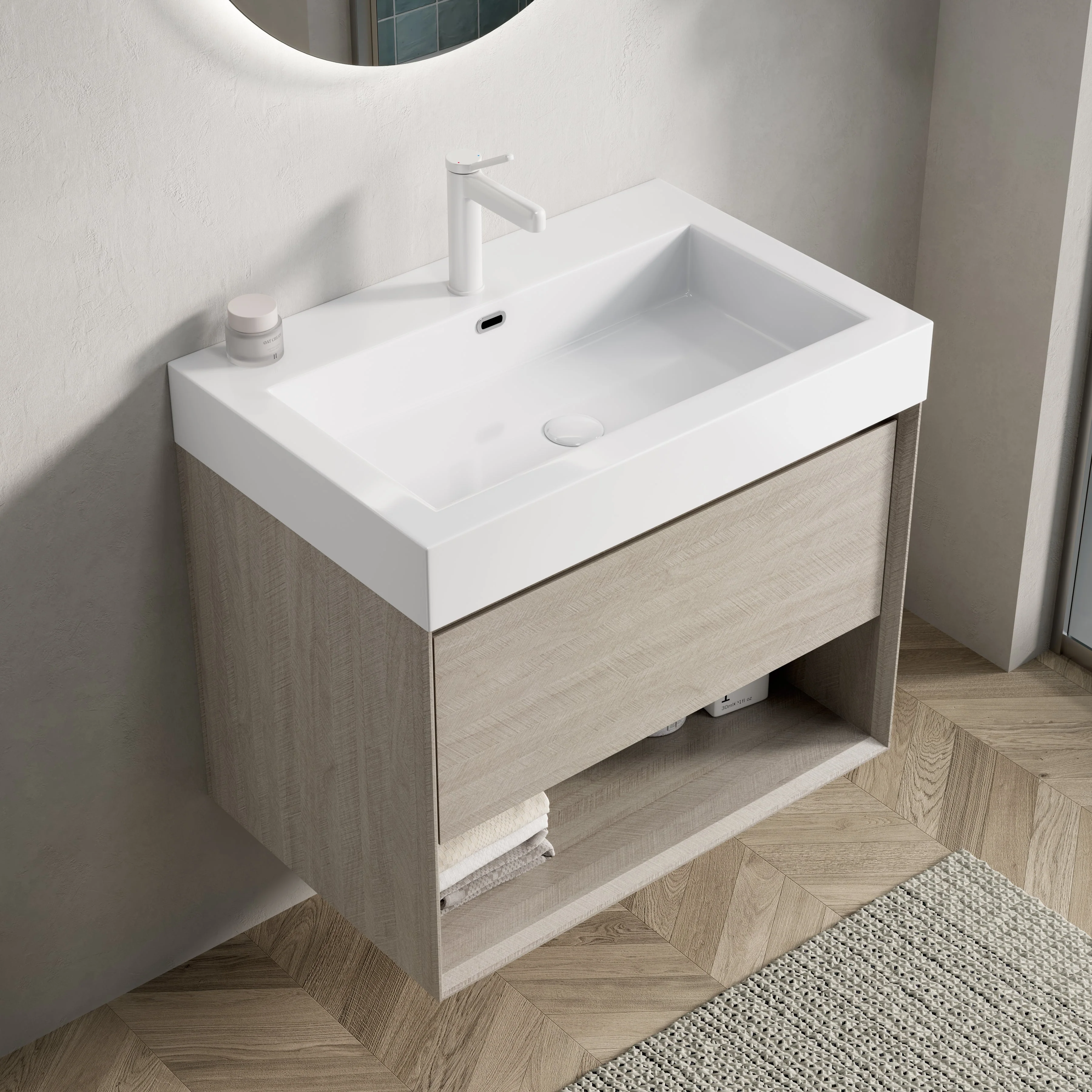 Wall-Mounted Bathroom Vanity Unit with Integrated Resin Basin and Storage, Light Oak wood Grain Color - Image 4