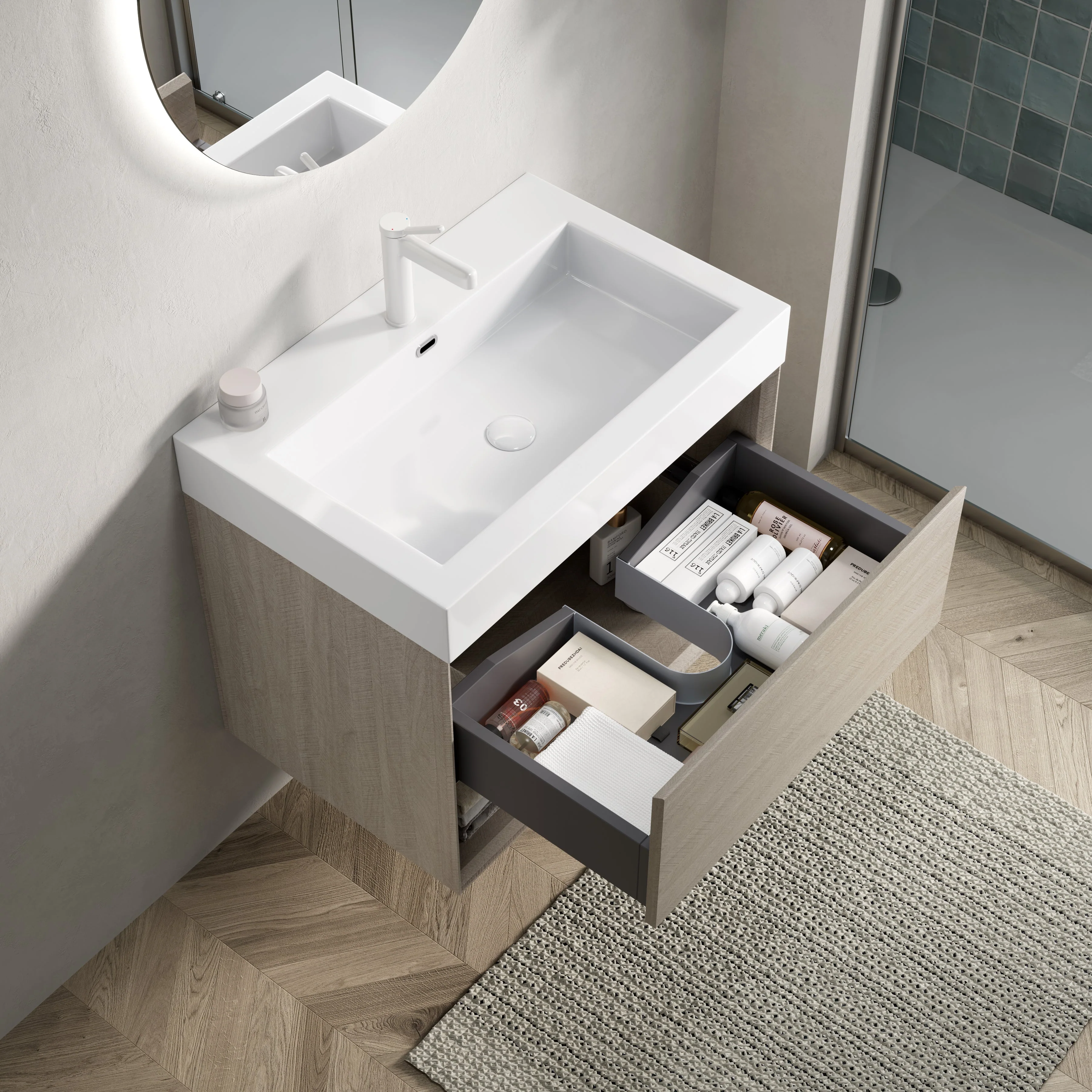 Wall-Mounted Bathroom Vanity Unit with Integrated Resin Basin and Storage, Light Oak wood Grain Color - Image 5