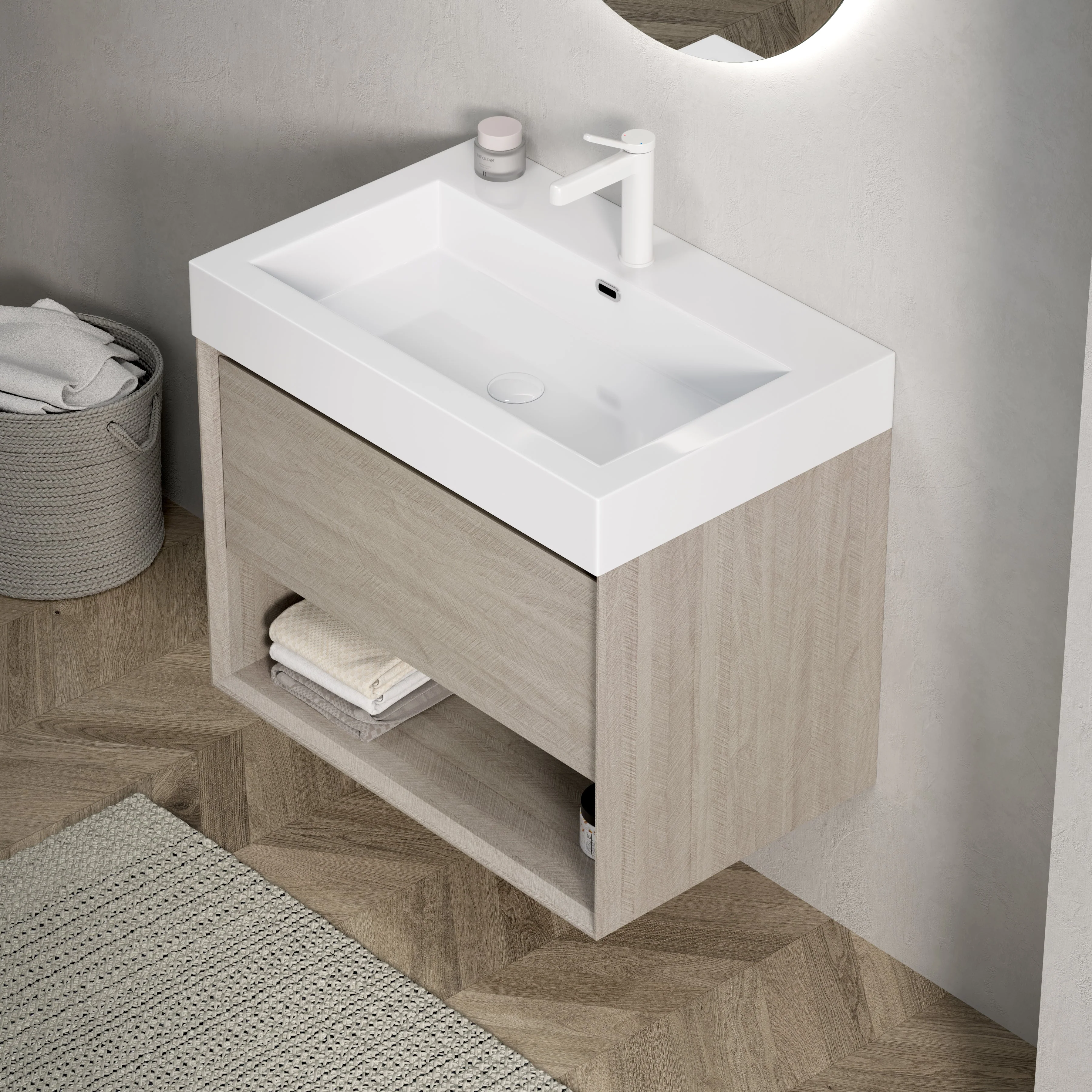 Wall-Mounted Bathroom Vanity Unit with Integrated Resin Basin and Storage, Light Oak wood Grain Color - Image 6