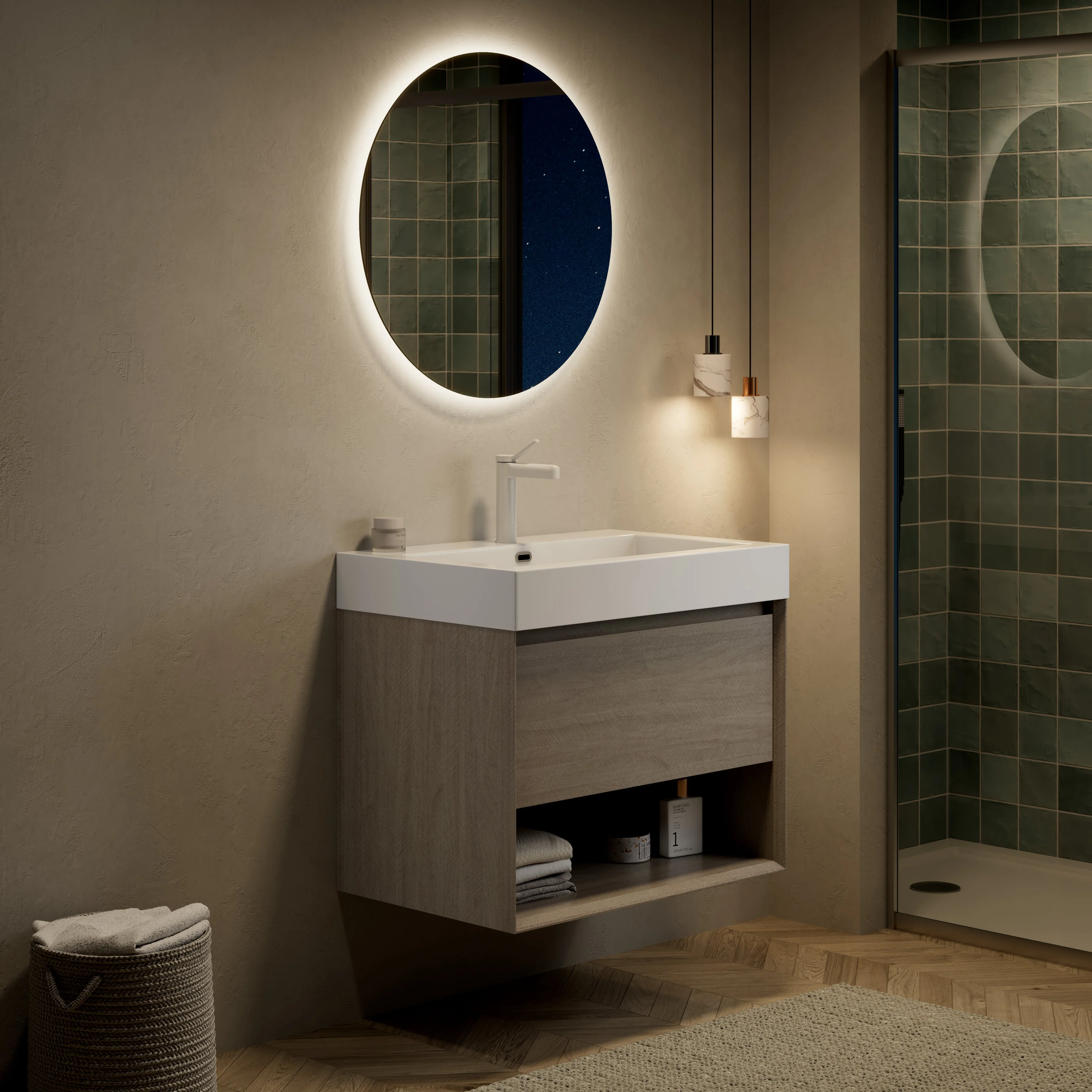 Wall-Mounted Bathroom Vanity Unit with Integrated Resin Basin and Storage, Light Oak wood Grain Color - Image 7