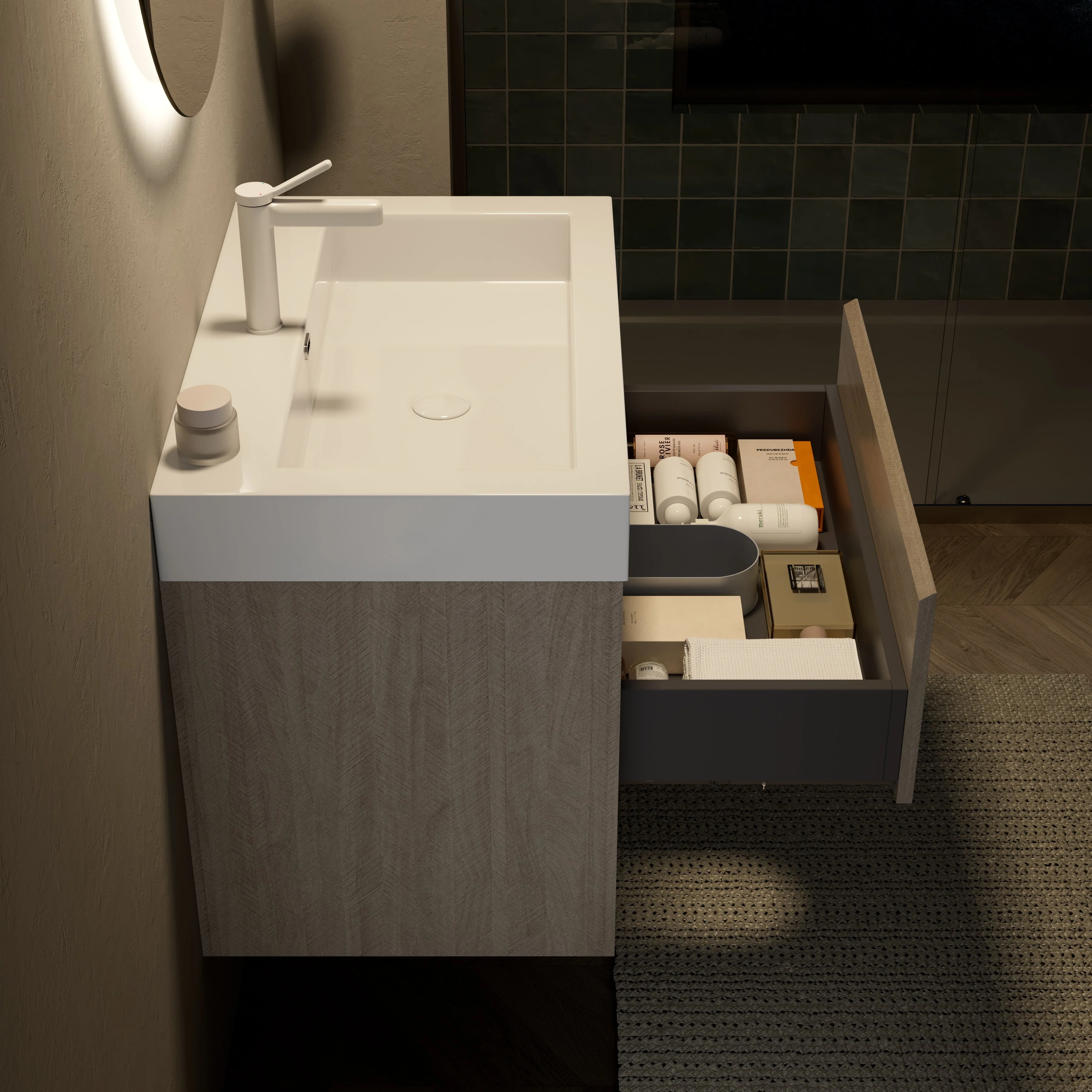 Wall-Mounted Bathroom Vanity Unit with Integrated Resin Basin and Storage, Light Oak wood Grain Color - Image 8