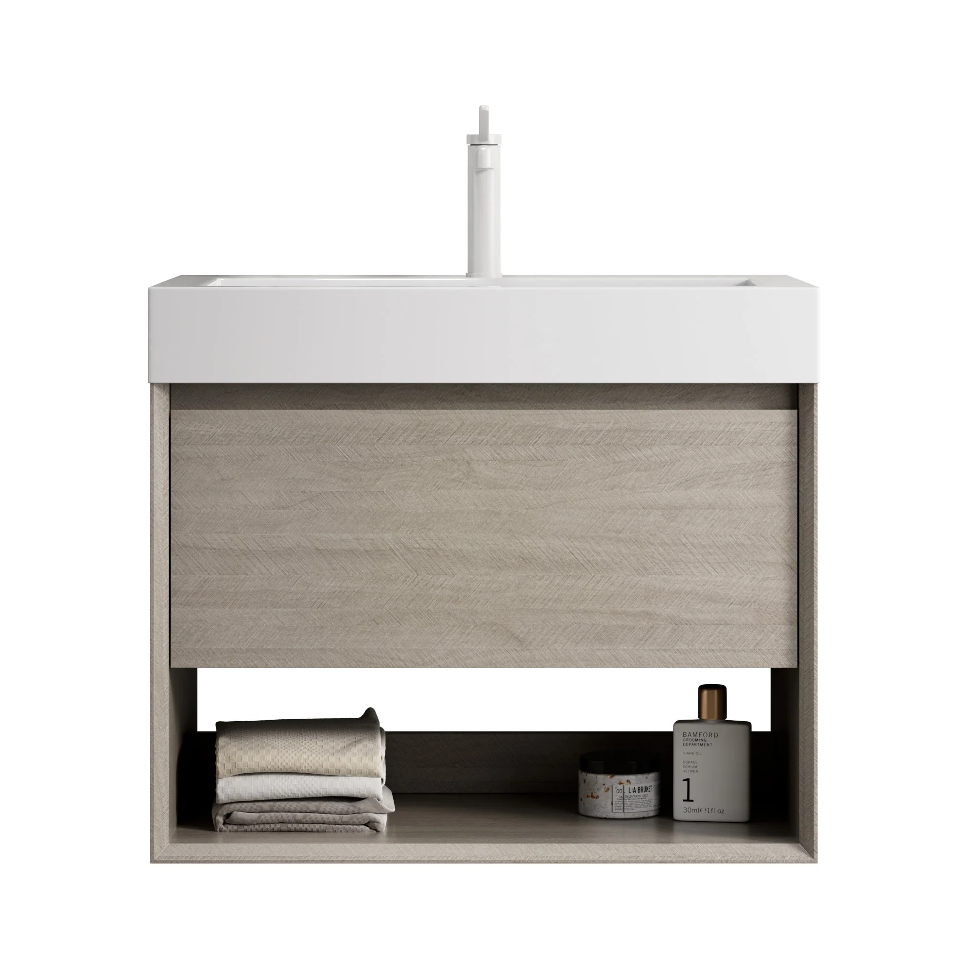 Wall-Mounted Bathroom Vanity Unit with Integrated Resin Basin and Storage, Light Oak wood Grain Color - Image 9