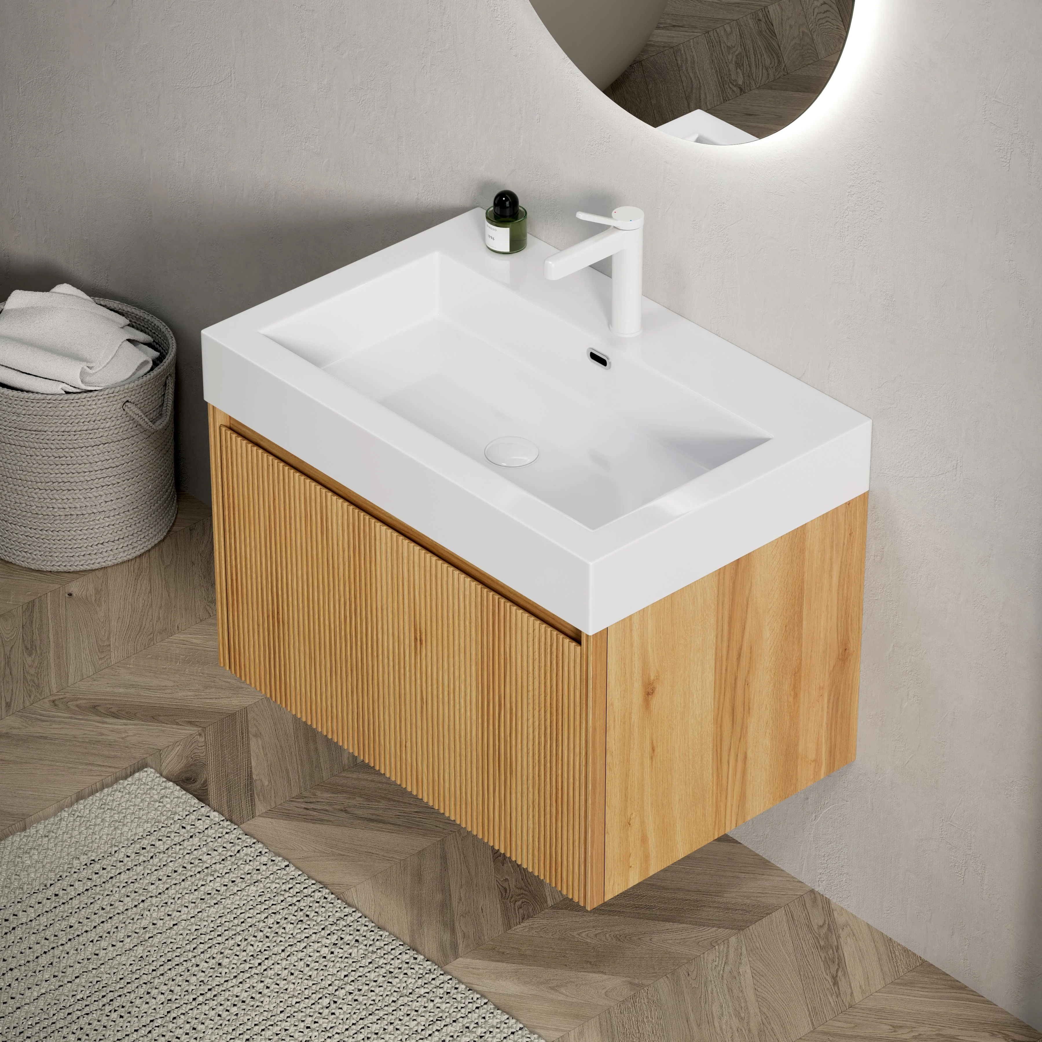 Wall-Mounted Bathroom Vanity Unit with Resin Basin and Drawer, Natural Wood Grain - Image 6