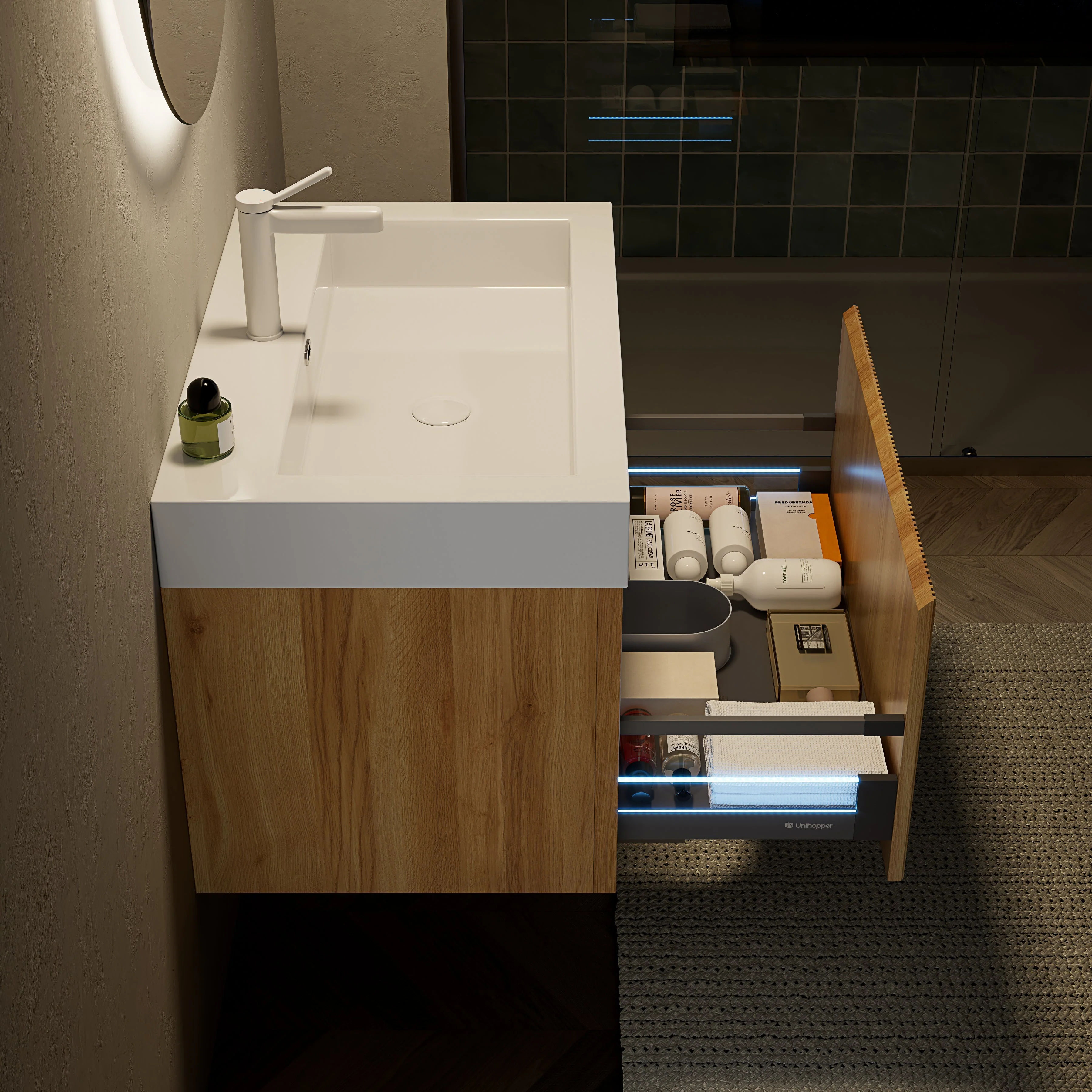 Wall-Mounted Bathroom Vanity Unit with Resin Basin and Drawer, Natural Wood Grain - Image 8