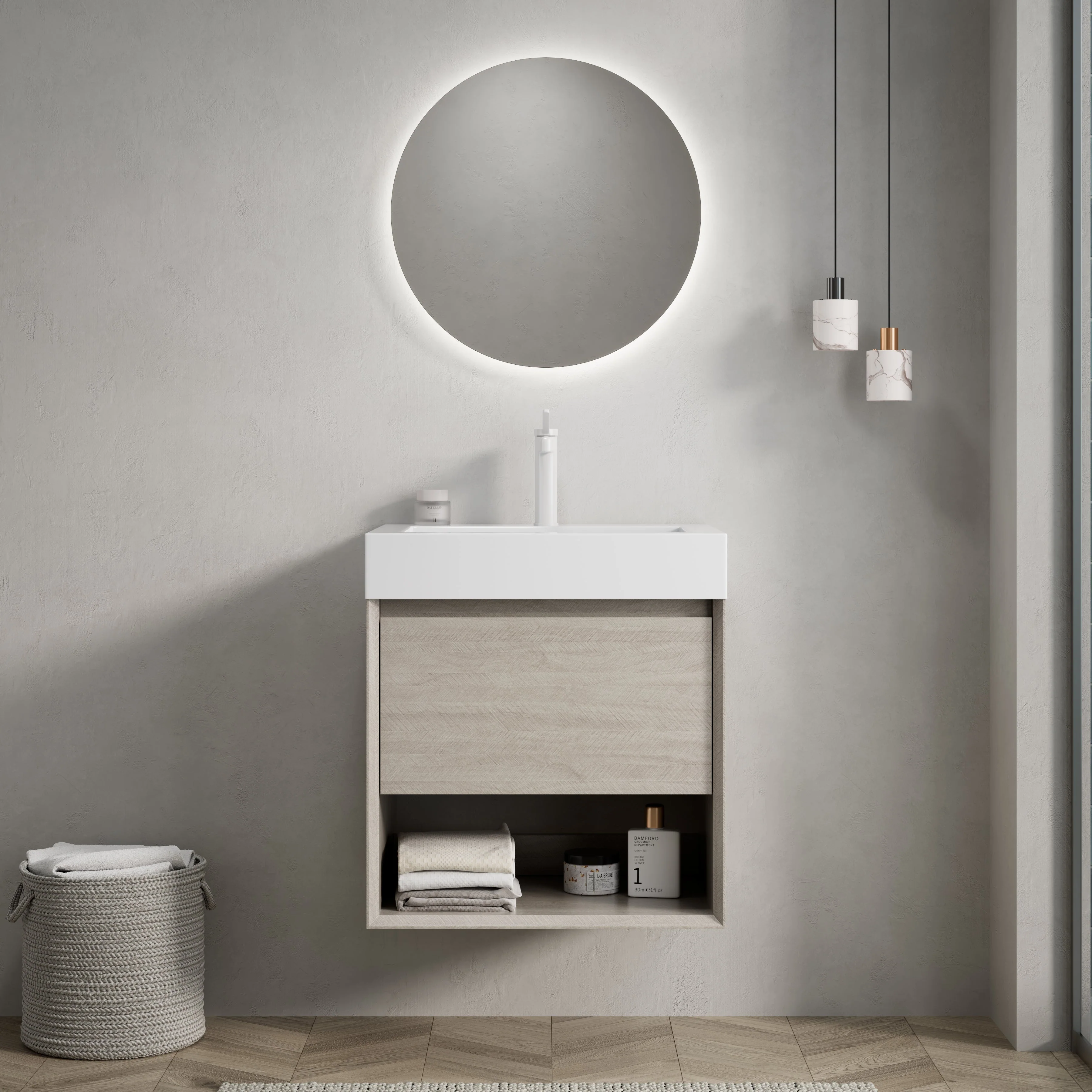 Wall-Mounted Bathroom Vanity Unit with Resin Basin and Storage, Light Oak Wood Grain Plywood