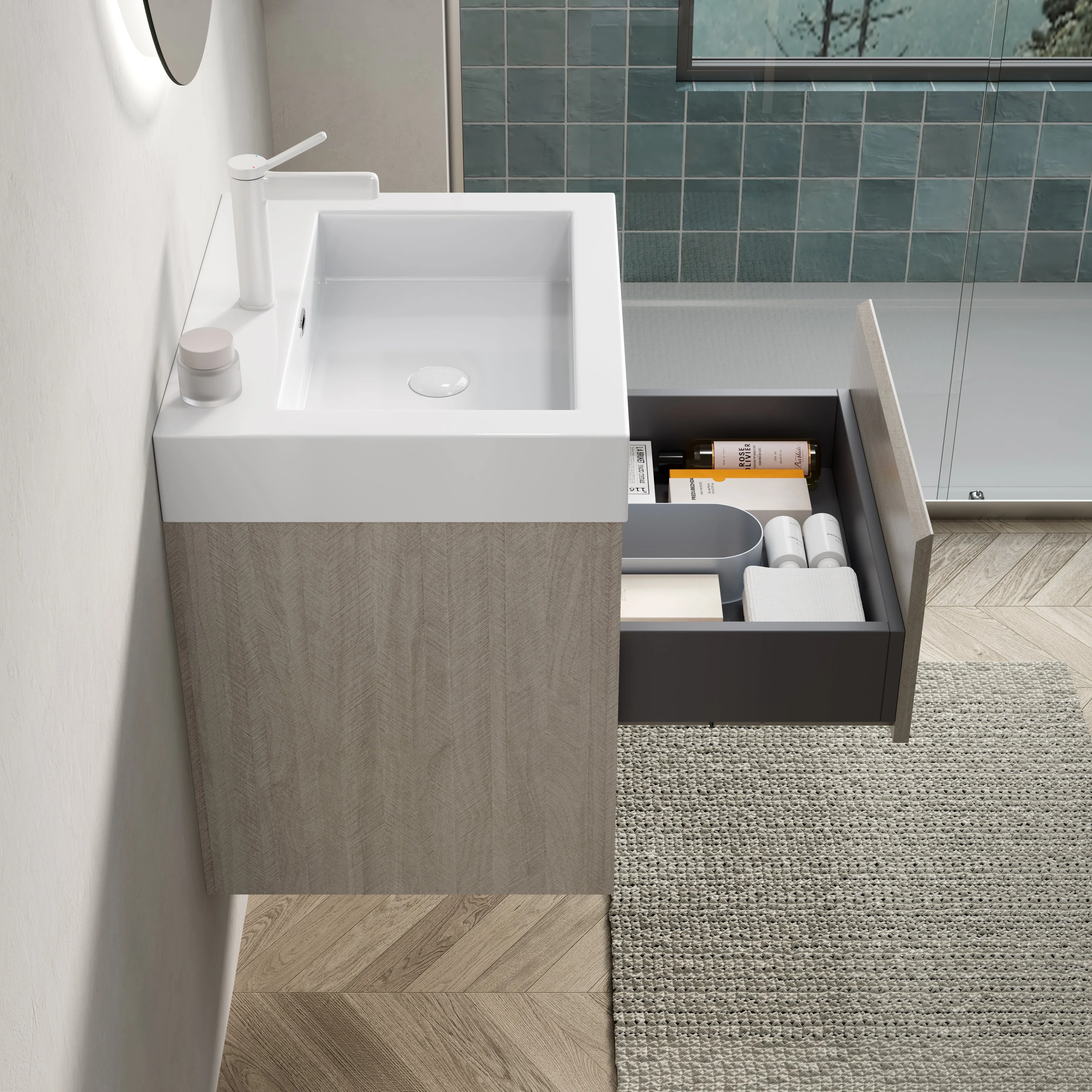 Wall-Mounted Bathroom Vanity Unit with Resin Basin and Storage, Light Oak Wood Grain Plywood - Image 3