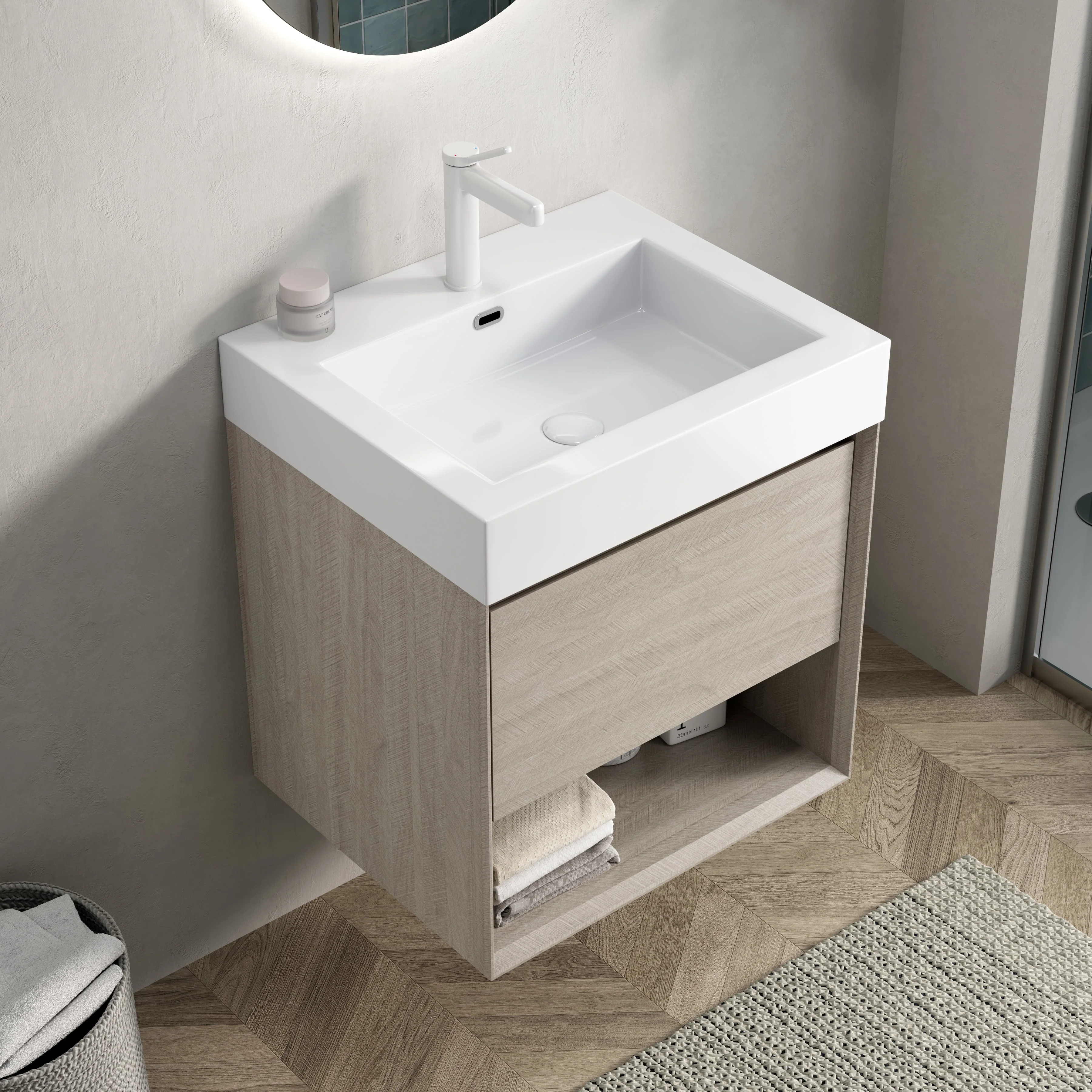 Wall-Mounted Bathroom Vanity Unit with Resin Basin and Storage, Light Oak Wood Grain Plywood - Image 4