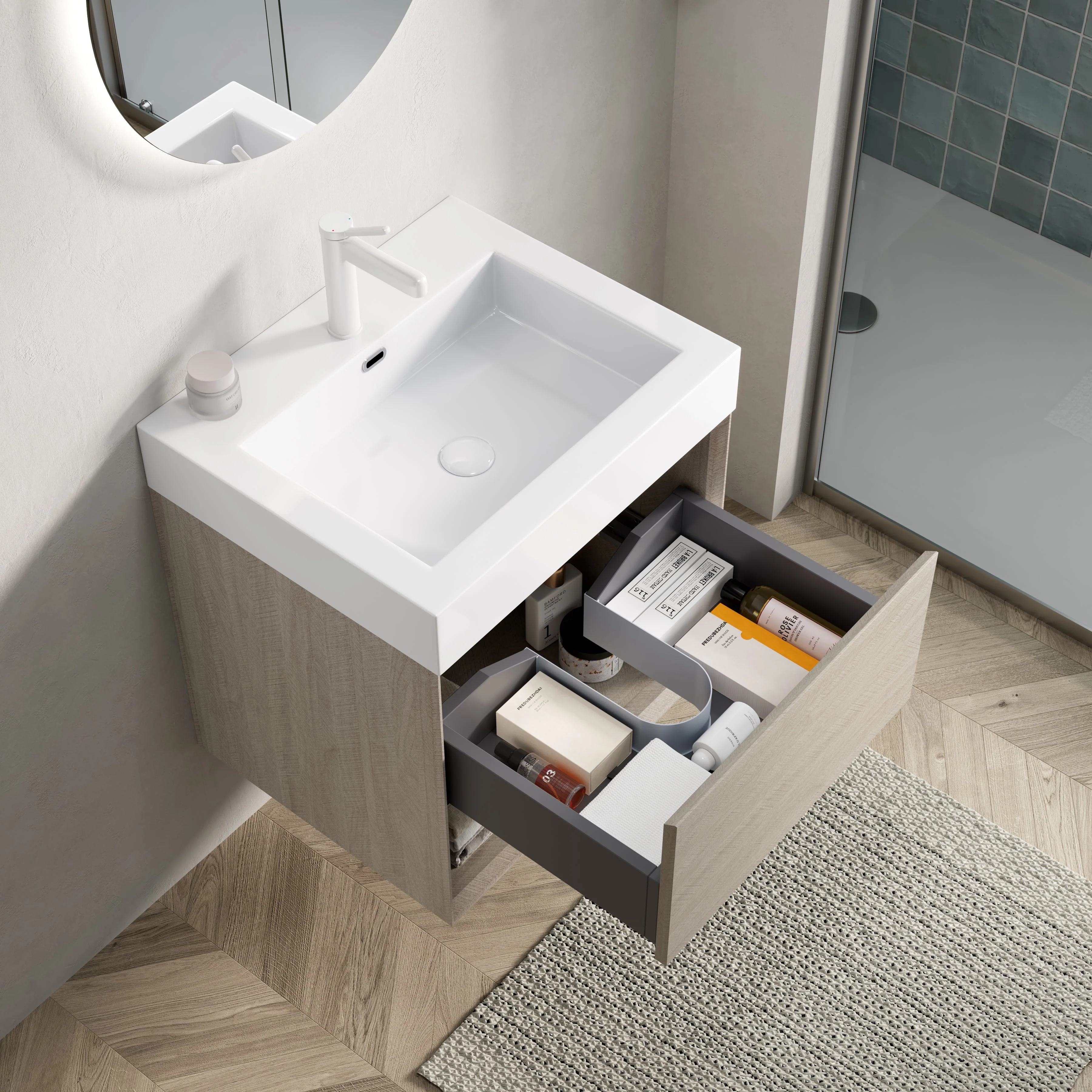 Wall-Mounted Bathroom Vanity Unit with Resin Basin and Storage, Light Oak Wood Grain Plywood - Image 5