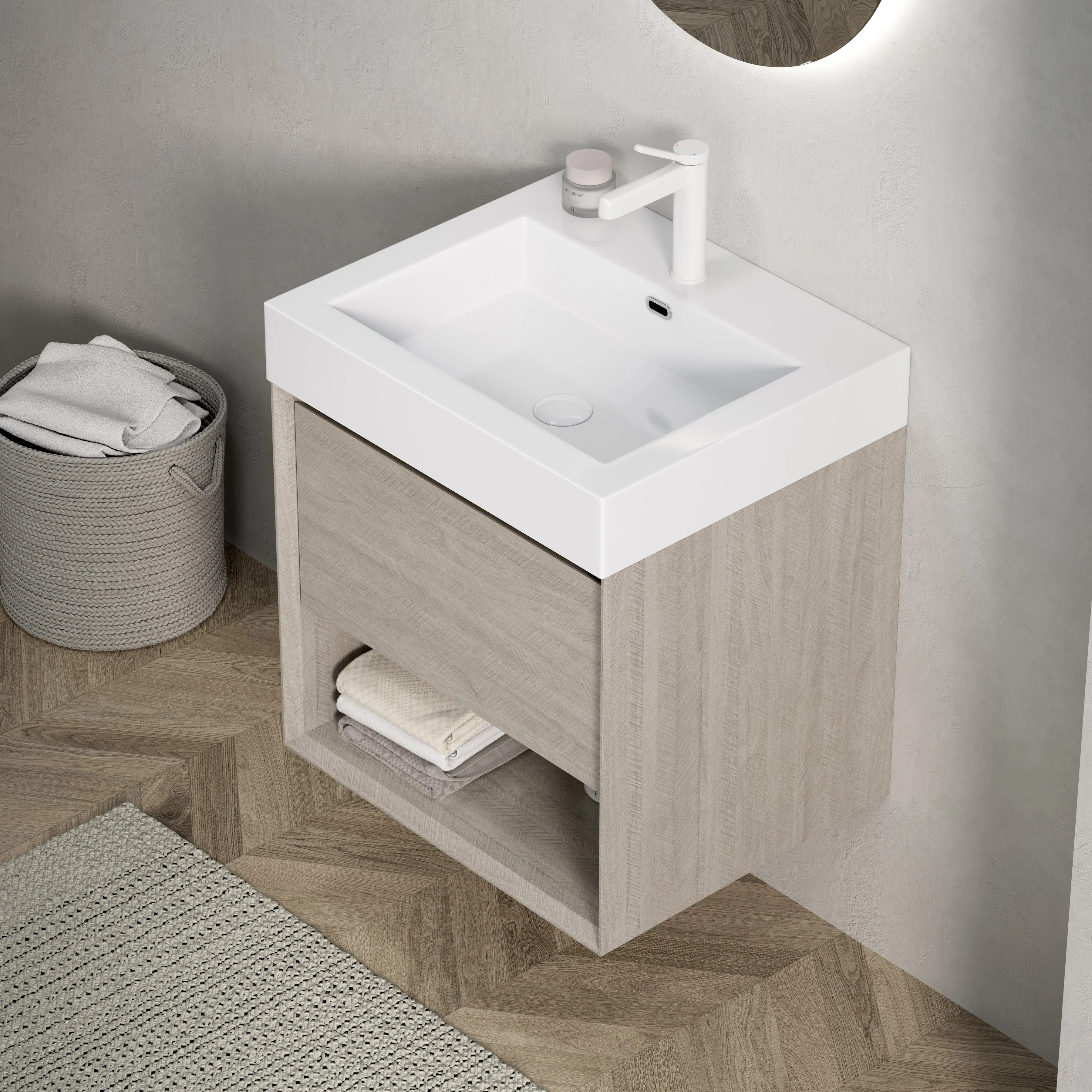 Wall-Mounted Bathroom Vanity Unit with Resin Basin and Storage, Light Oak Wood Grain Plywood - Image 6