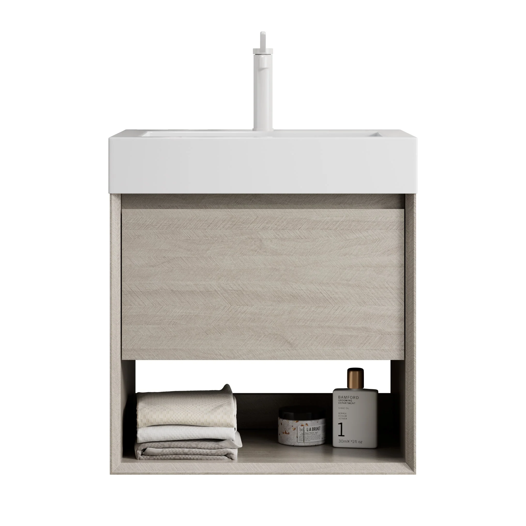 Wall-Mounted Bathroom Vanity Unit with Resin Basin and Storage, Light Oak Wood Grain Plywood - Image 7