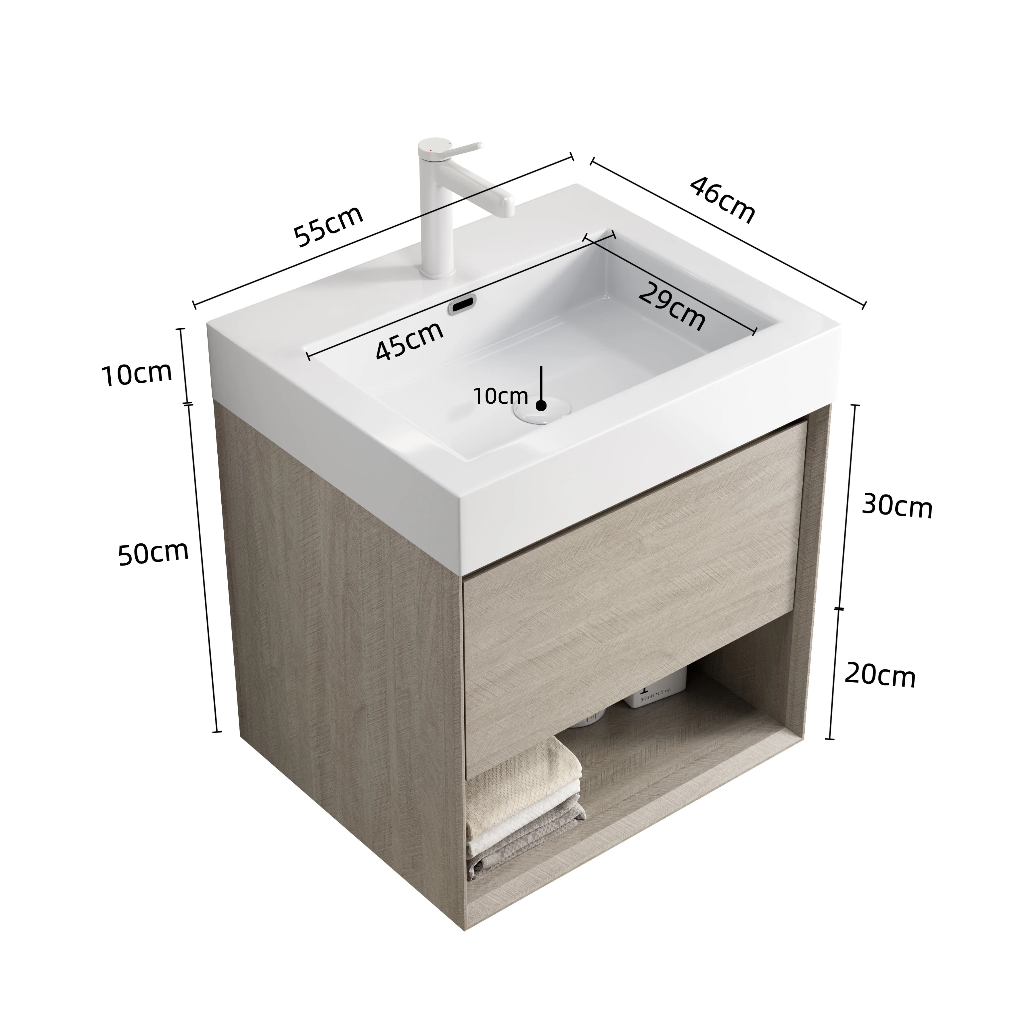 Wall-Mounted Bathroom Vanity Unit with Resin Basin and Storage, Light Oak Wood Grain Plywood - Image 9