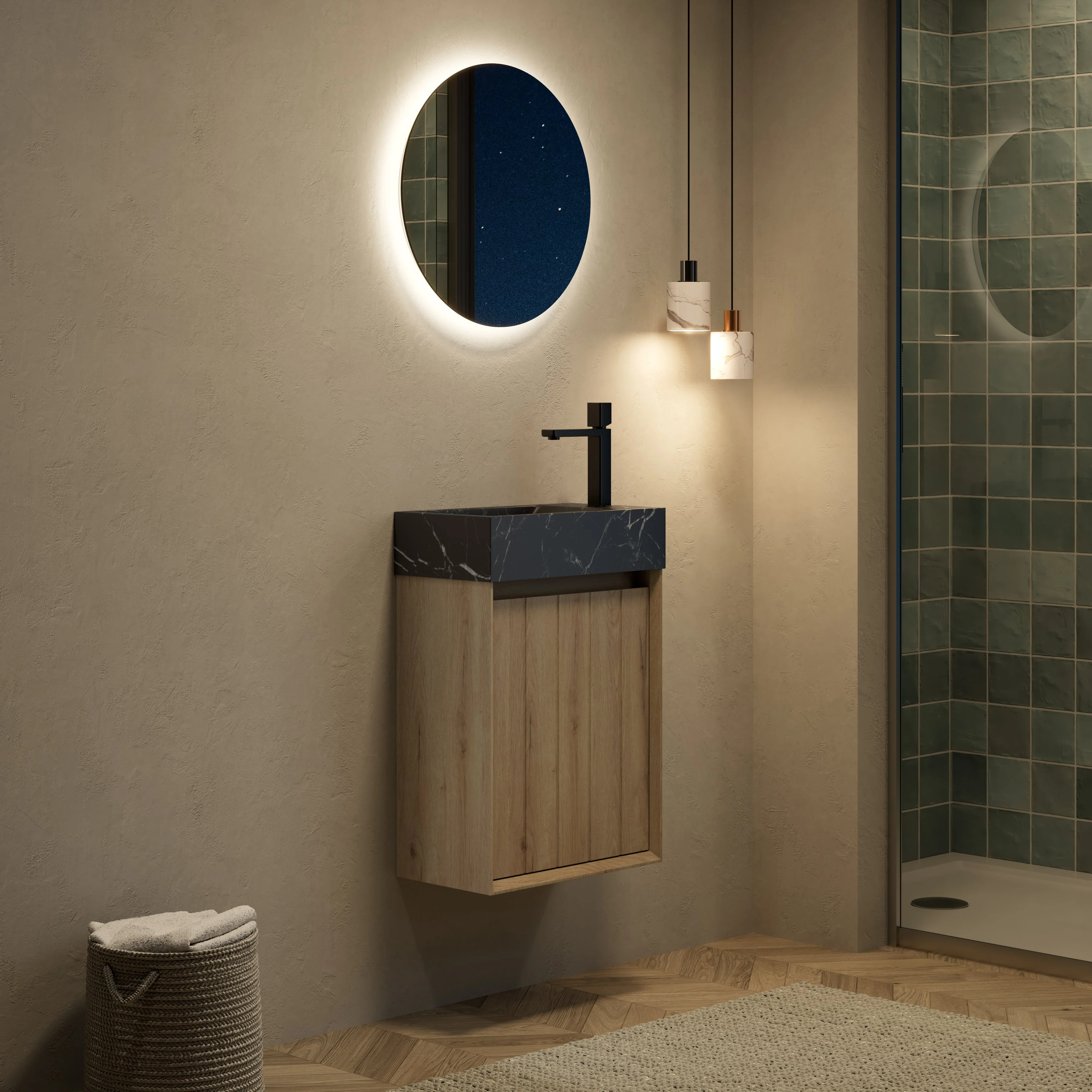 Wall-Mounted Bathroom Vanity Unit with Undermount Sink and Striped Cabinet, White Oak Wood Grain - Image 17