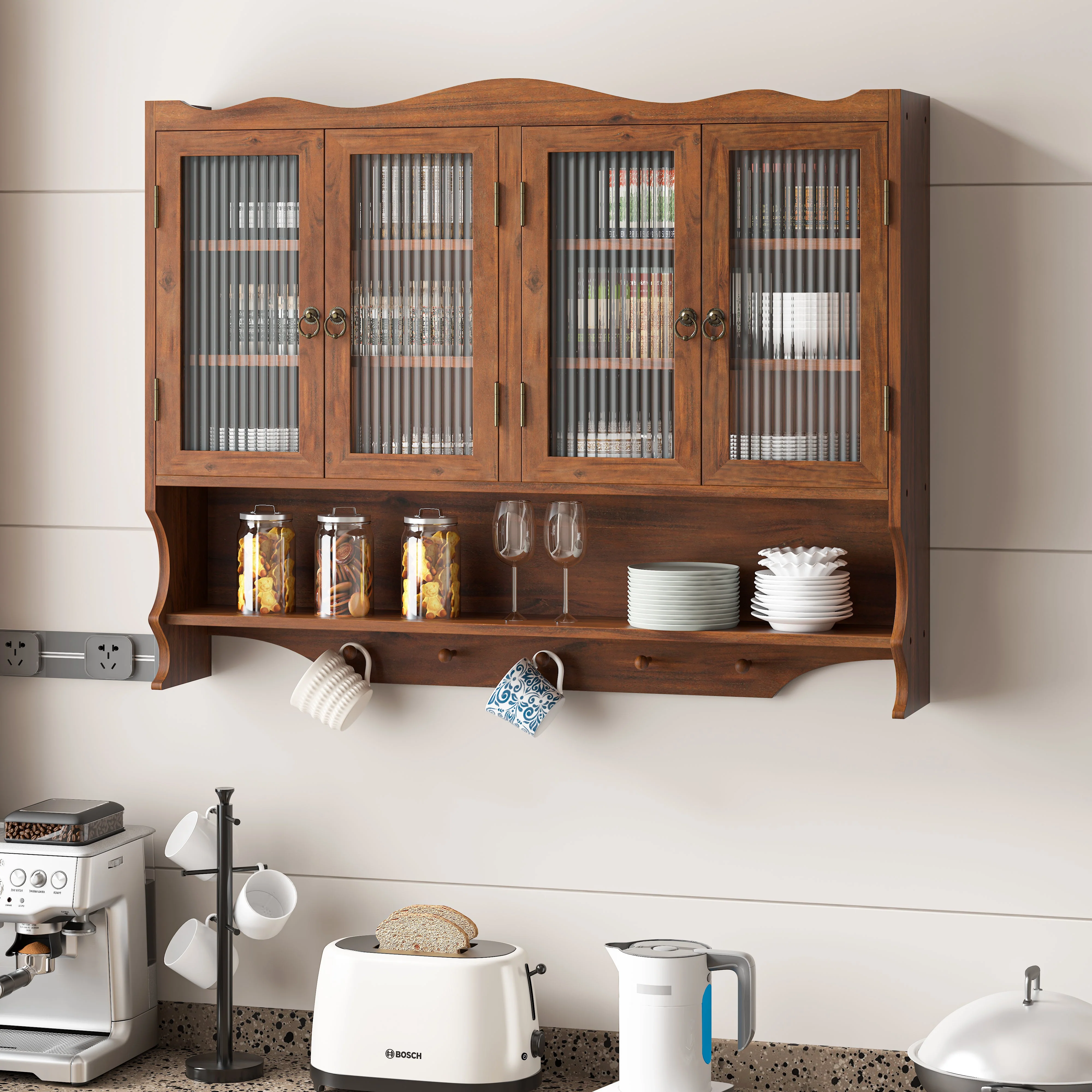 Wall-Mounted Cabinet 100CM Retro 4 Door Storage/Hook Rack Brown - Image 2