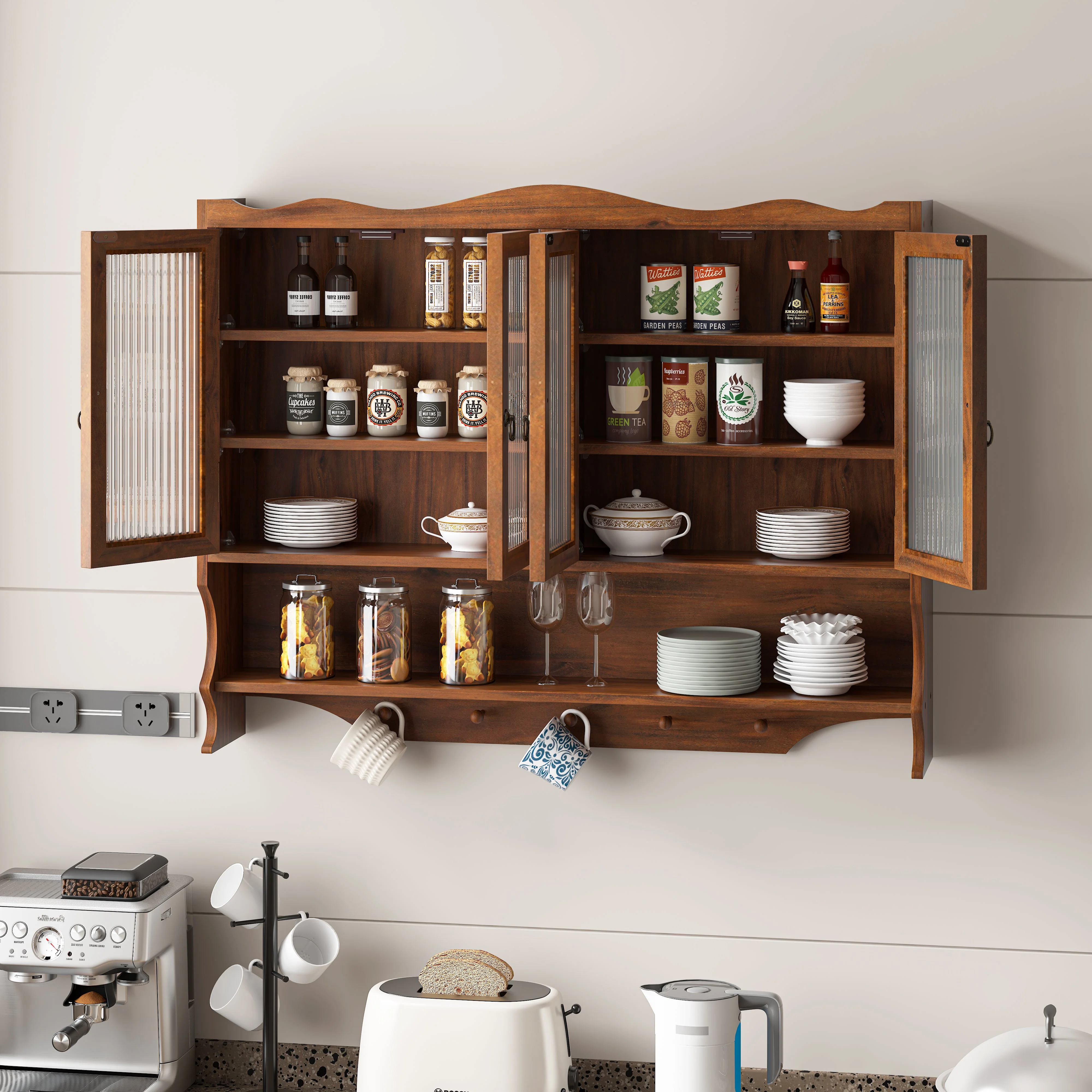 Wall-Mounted Cabinet 100CM Retro 4 Door Storage/Hook Rack Brown - Image 3