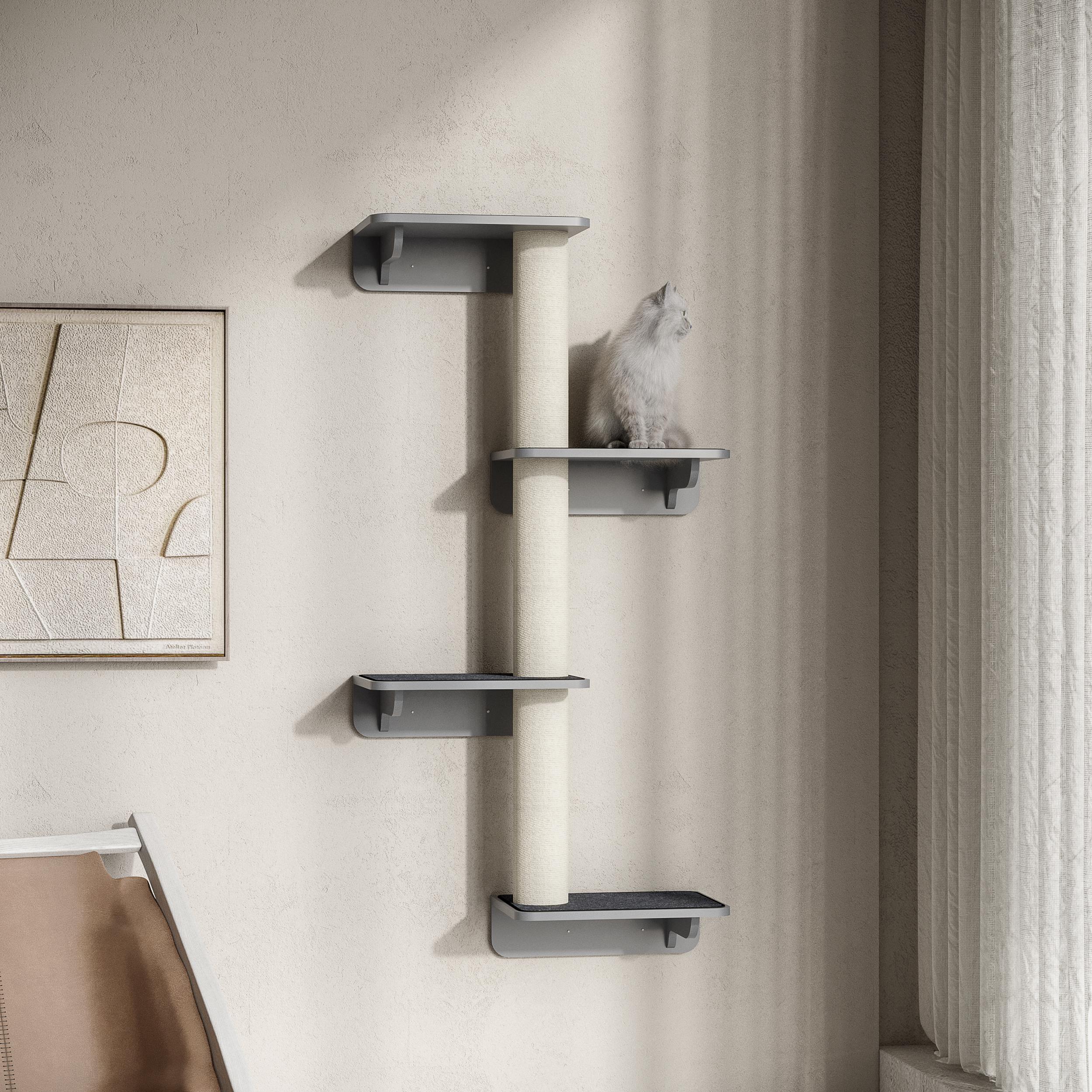 Wall-Mounted Cat Scratching Post with Climbing Wall, Wood in Light Grey Beige - Image 2