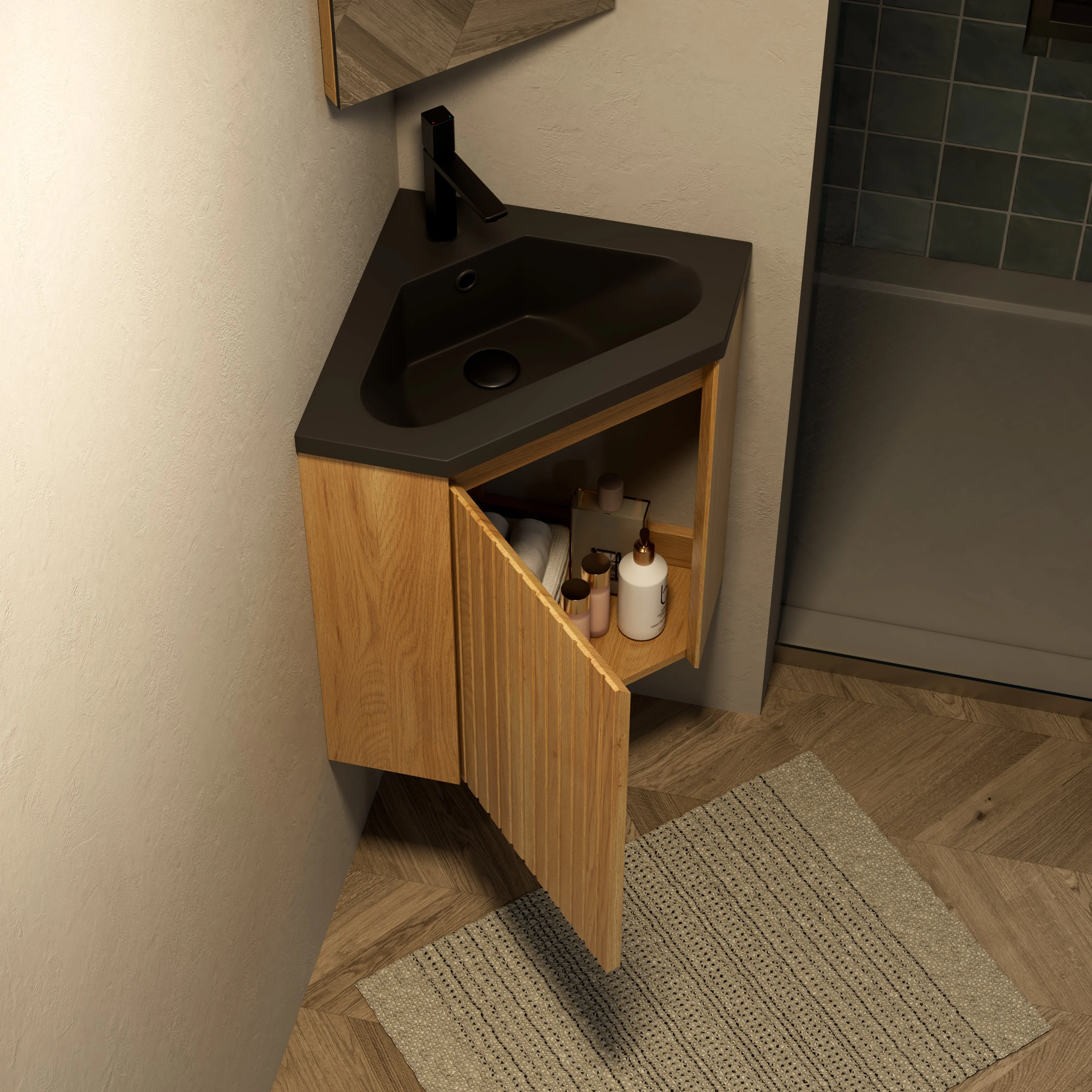 Wall-Mounted Corner Bathroom Vanity Unit with Matte Black Resin Basin, Natural Wood Grain - Image 7