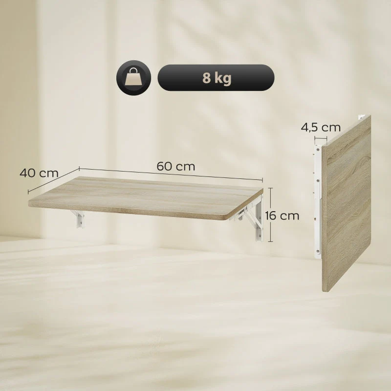 Wall-Mounted Folding Table 60x40cm Space-Saving Floating Desk Oak - Image 3