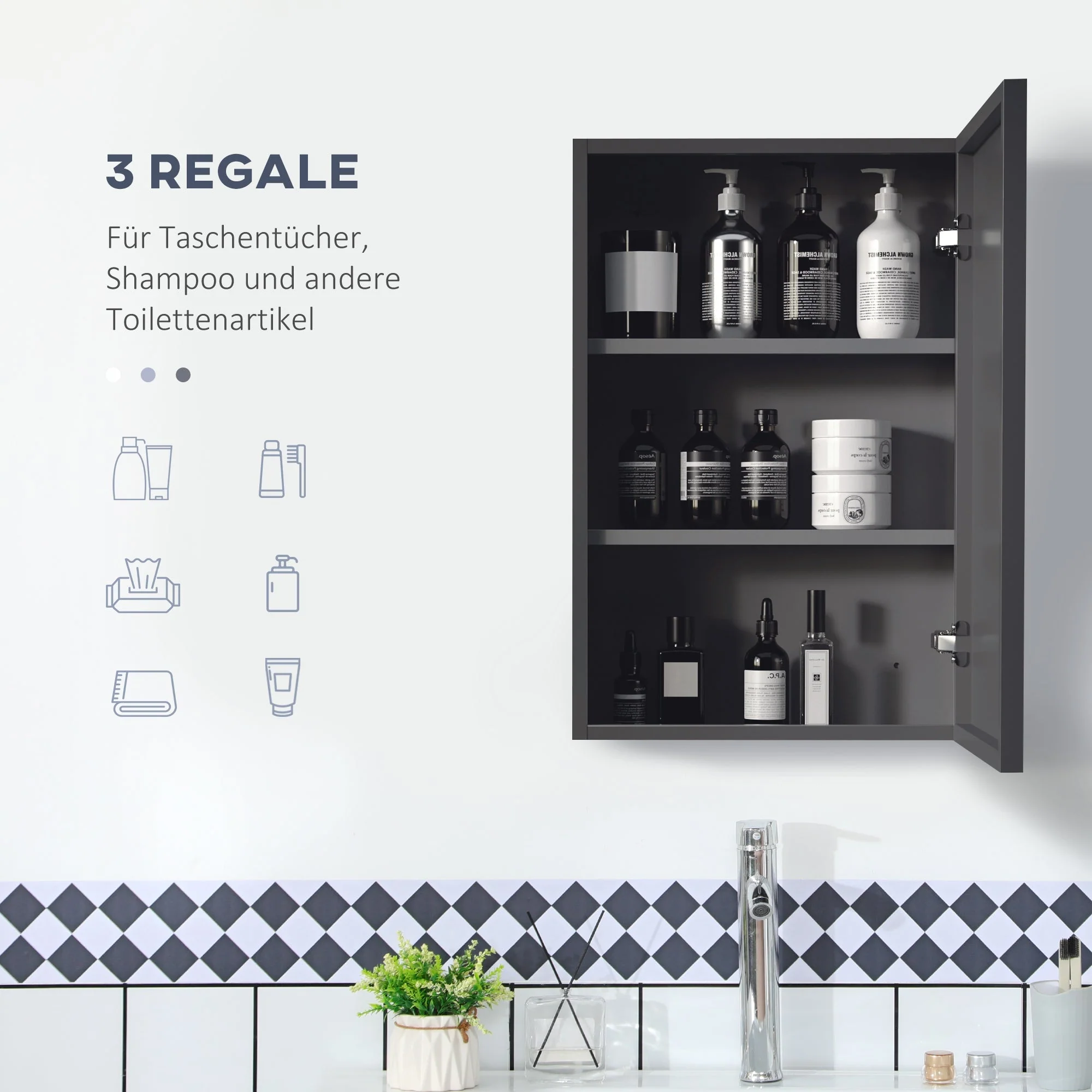 Wall-Mounted Mirror Cabinet, 3 Shelves 40x15x60 cm, Black - Image 5