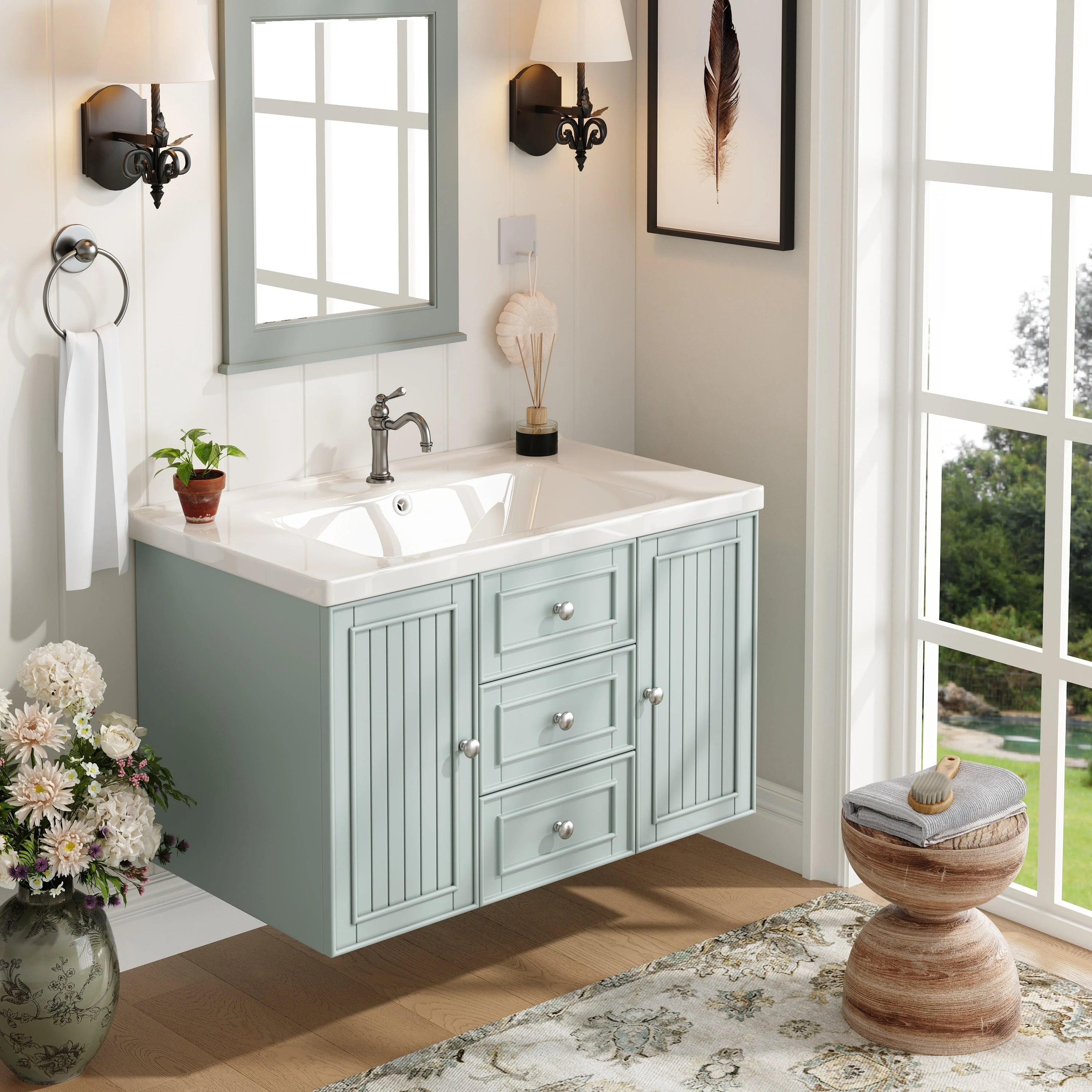 Wall-Mounted Vanity Unit with Sink & 3 Drawers 78.5x46.8cm - Green - Image 2