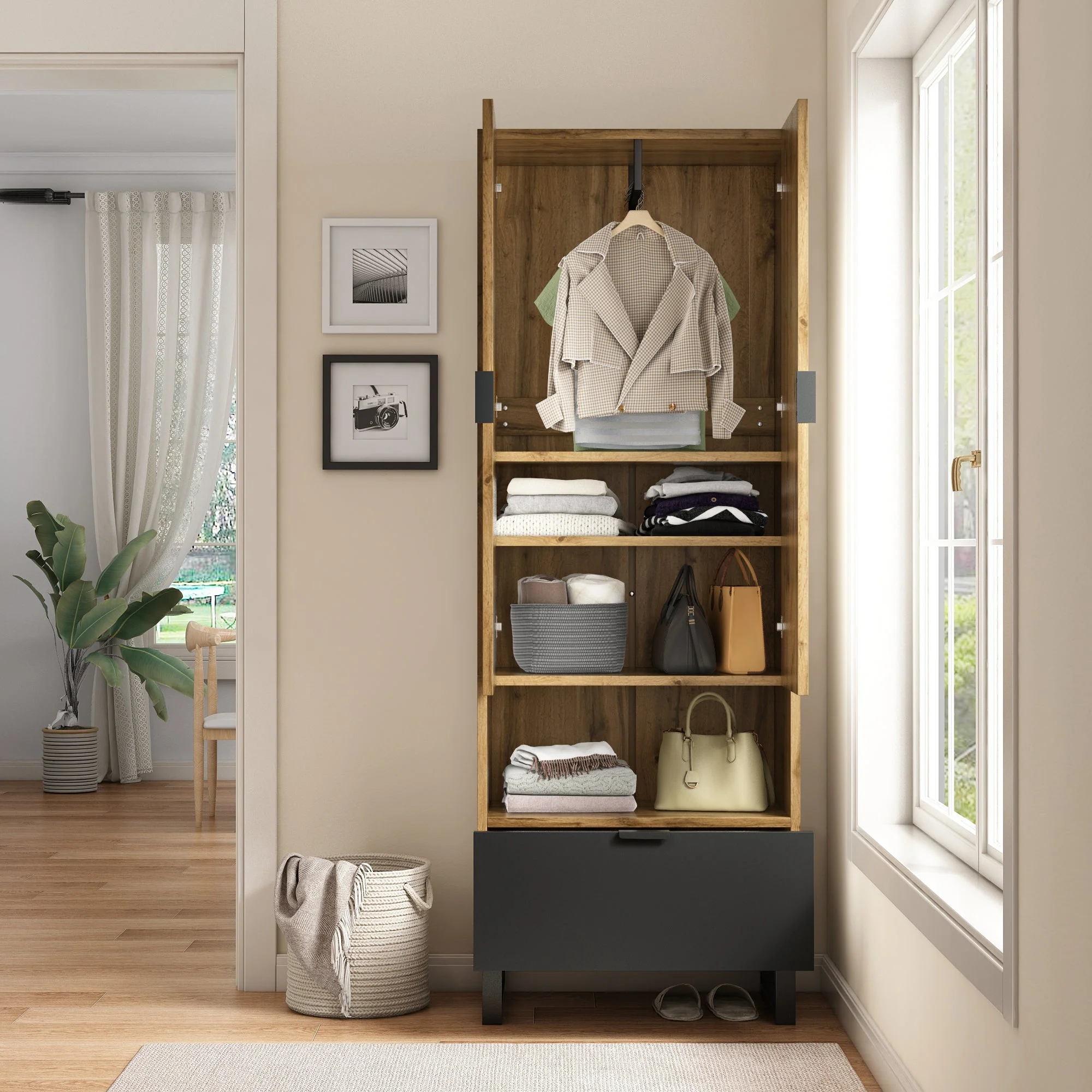 Wardrobe, 1 Drawer, Adjustable Shelves, Clothes Rail, Wood and Black - Image 3