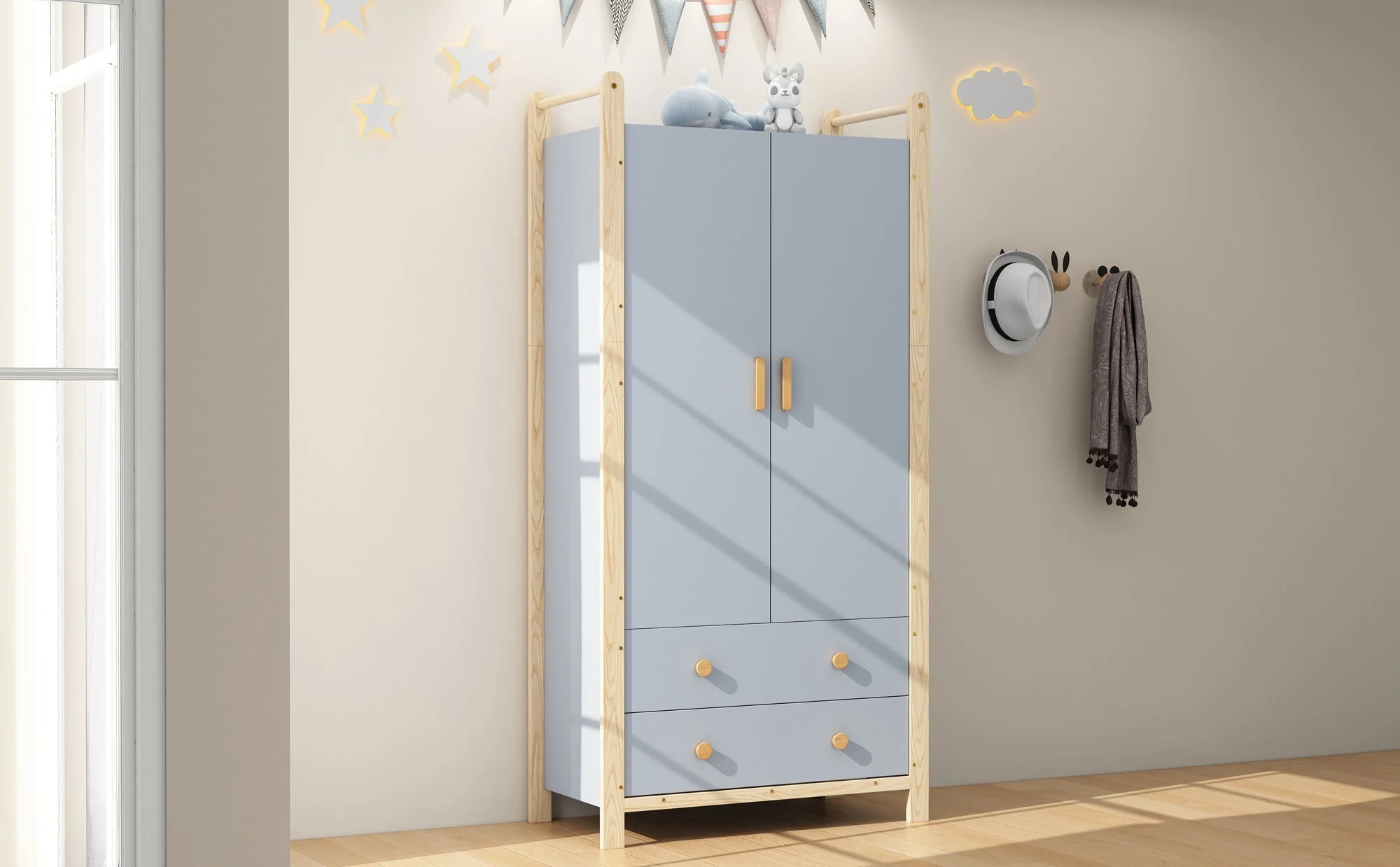 Wardrobe 2-Door with Clothes Rail and 2 Drawers, Blue Chipboard + Pine Frame - Image 5