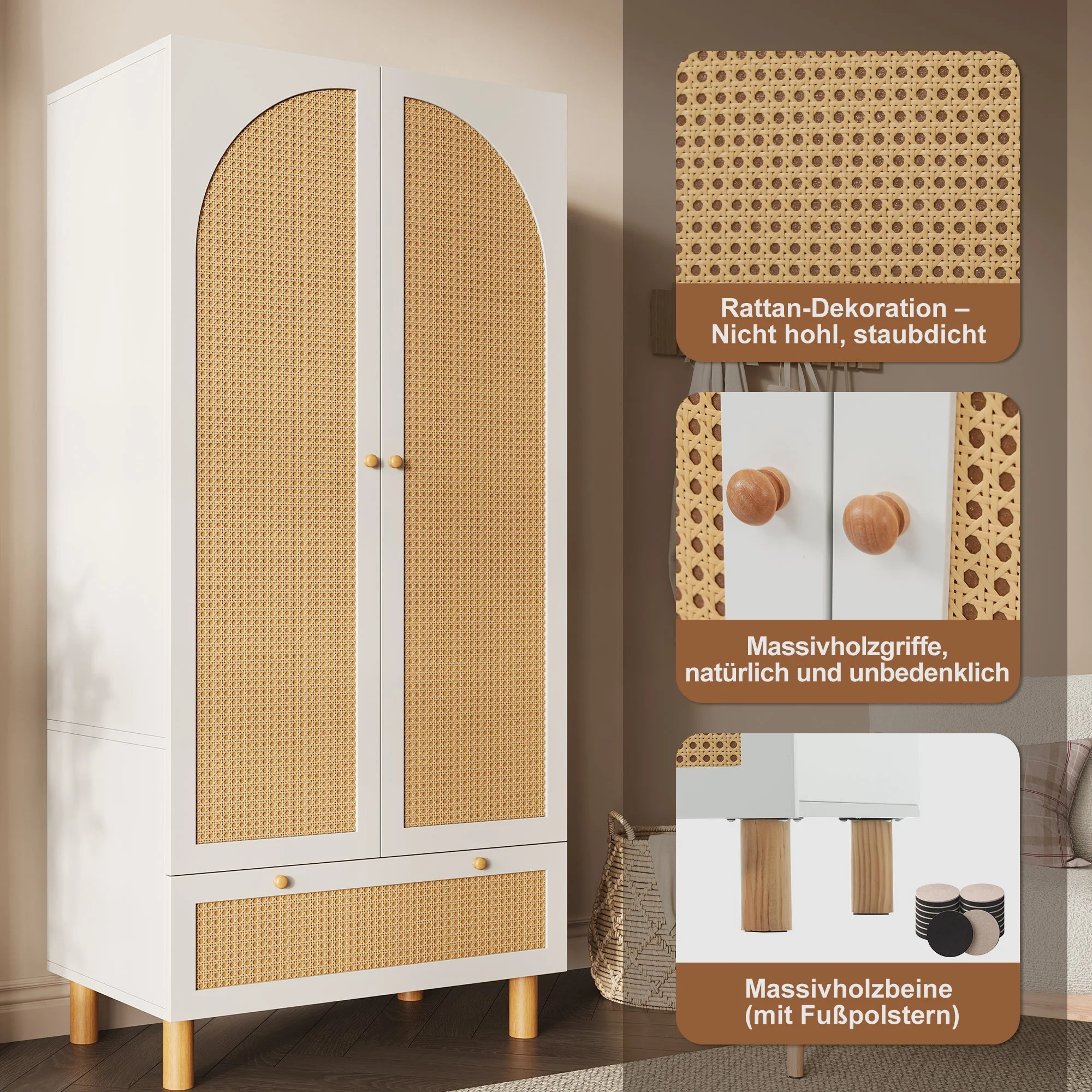 Wardrobe 2 Doors Rattan Large Drawer Adjustable Shelves White - Image 3