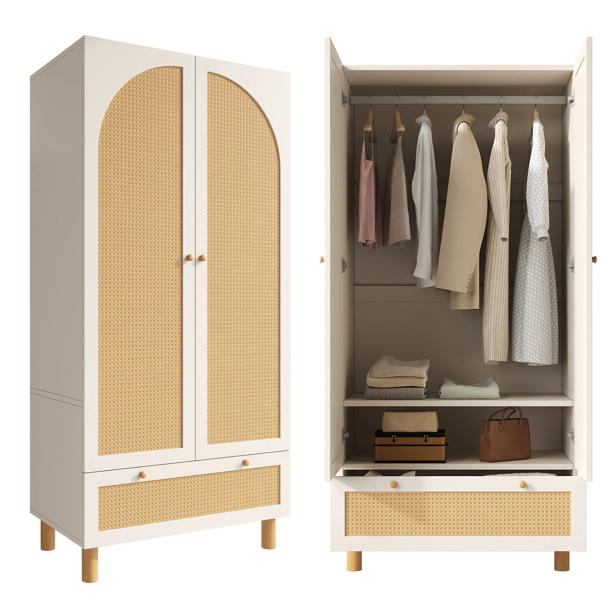 Wardrobe 2 Doors Rattan Large Drawer Adjustable Shelves White - Image 6