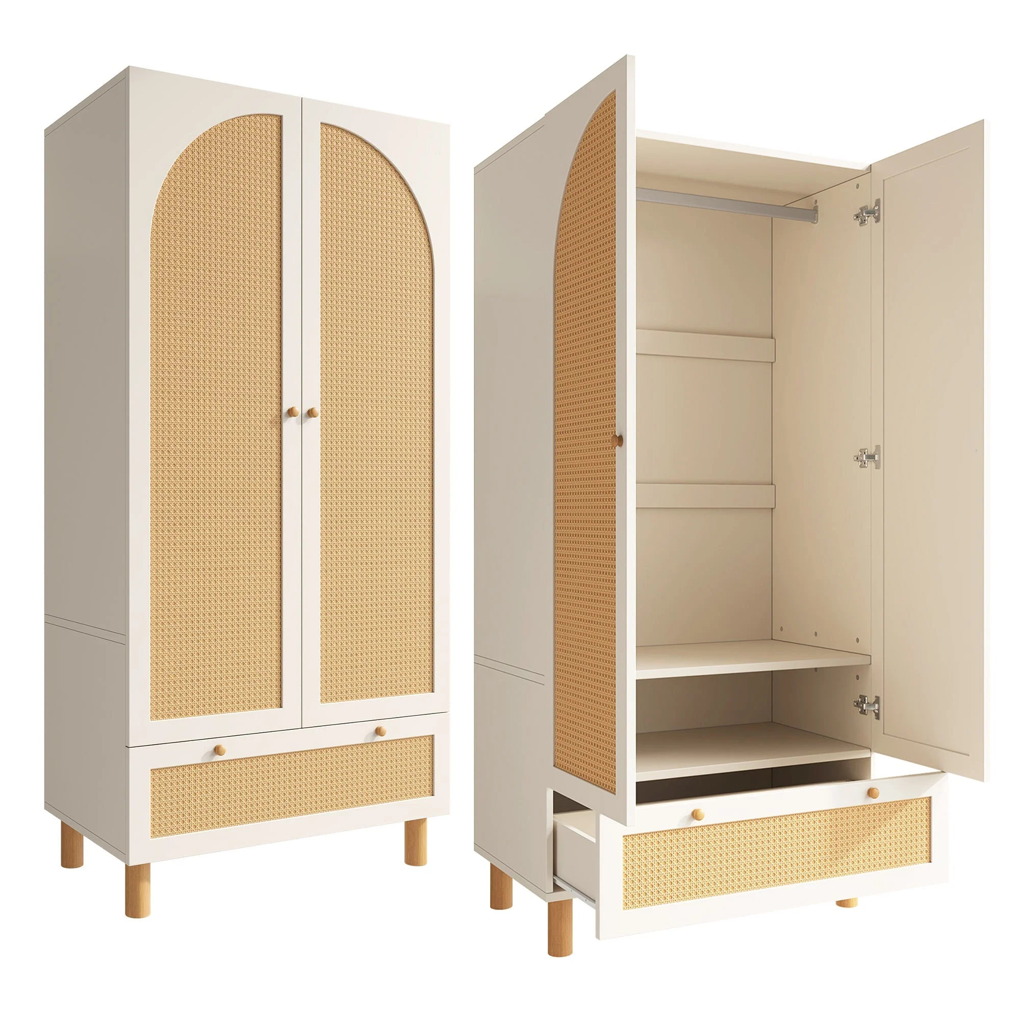 Wardrobe 2 Doors Rattan Large Drawer Adjustable Shelves White - Image 7